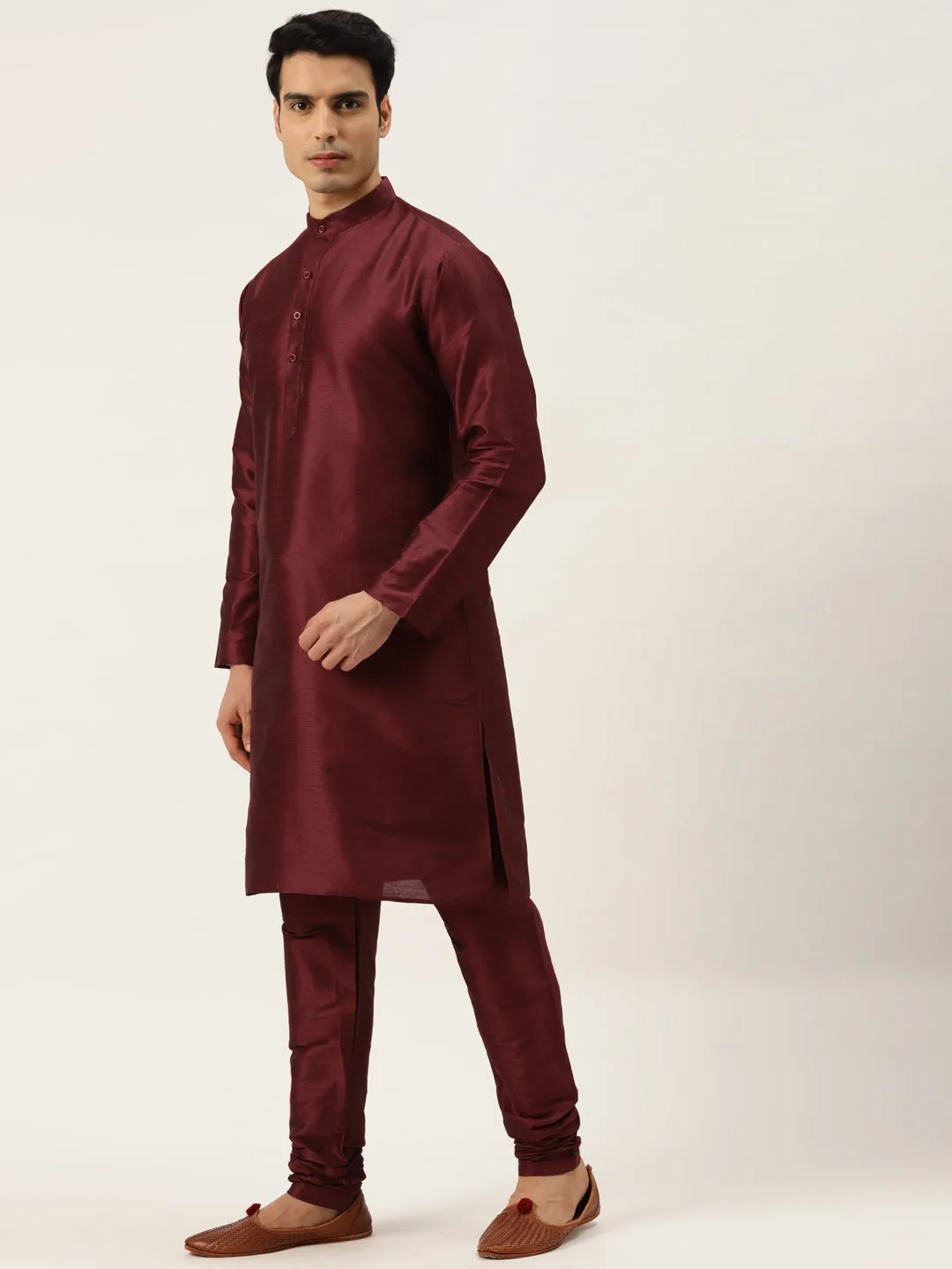 Men's Silk Blend Maroon Kurta Pyjama & Offwhite Sherwani Set - Sojanya