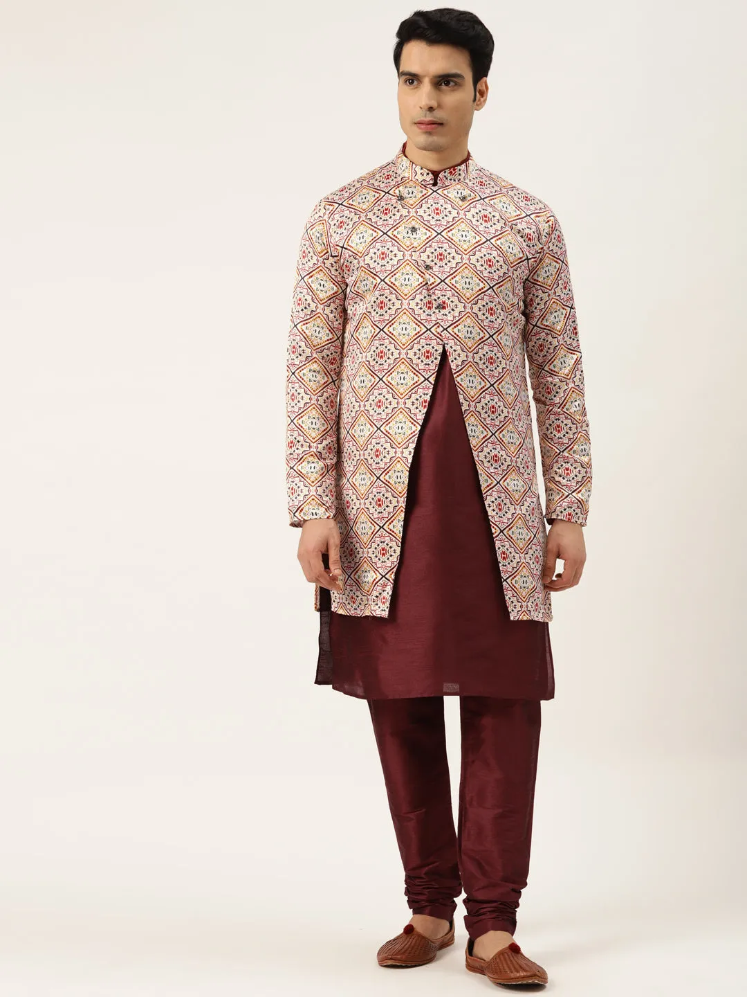 Men's Silk Blend Maroon Kurta Pyjama & Offwhite Sherwani Set - Sojanya