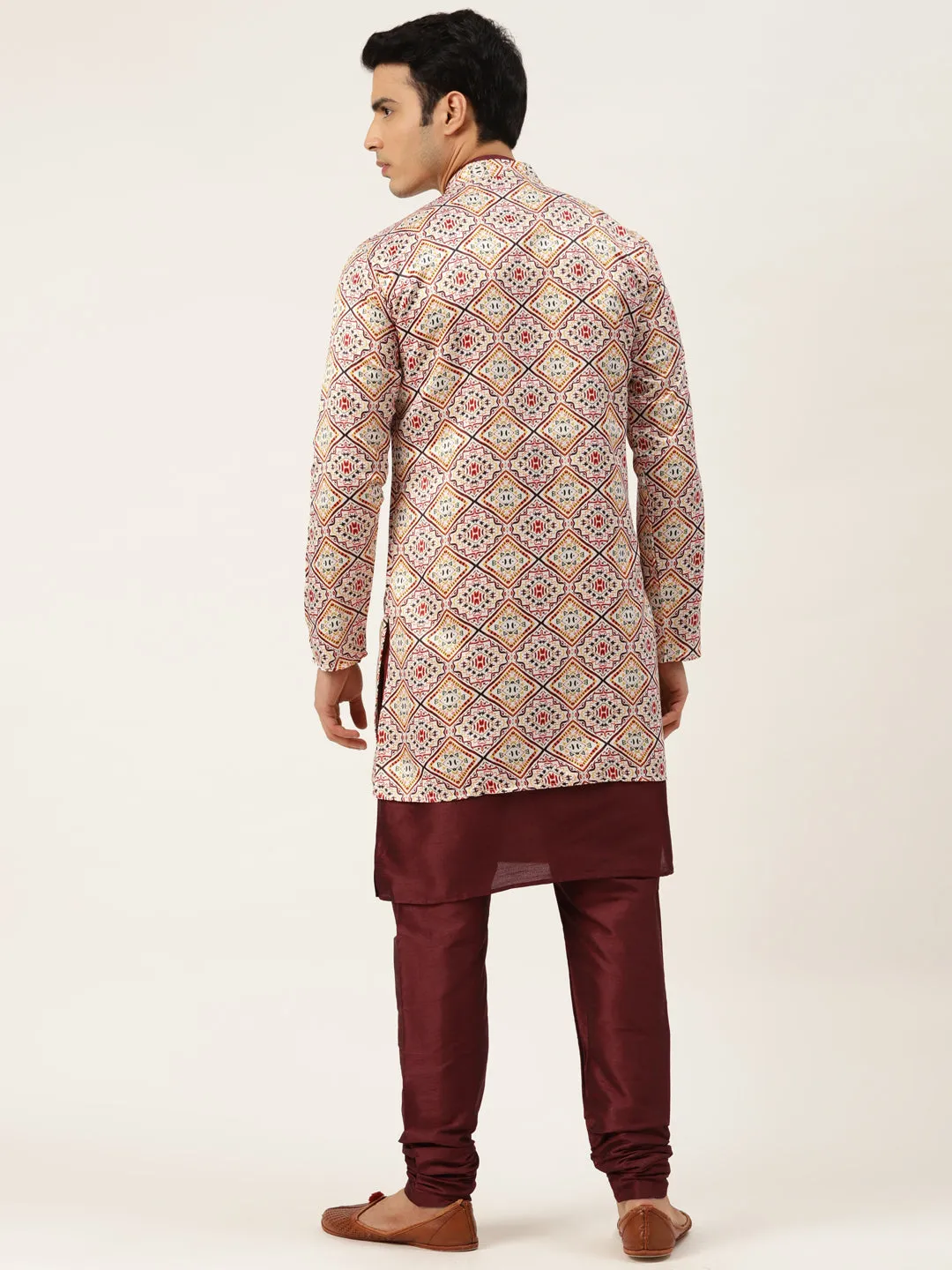 Men's Silk Blend Maroon Kurta Pyjama & Offwhite Sherwani Set - Sojanya