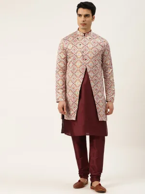 Men's Silk Blend Maroon Kurta Pyjama & Offwhite Sherwani Set - Sojanya