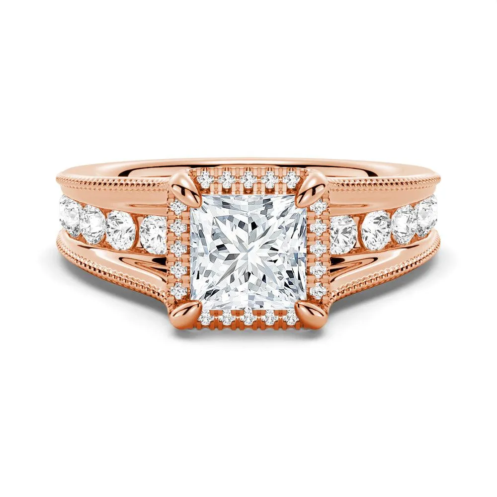 Milgrain Vintage Princess Cut & Round Moissanite Engagement Ring