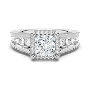 Milgrain Vintage Princess Cut & Round Moissanite Engagement Ring