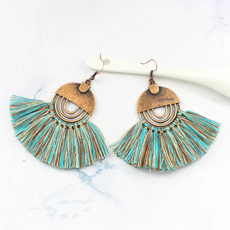 [Mint Green] Tassel Fan Earrings Bronze Accent