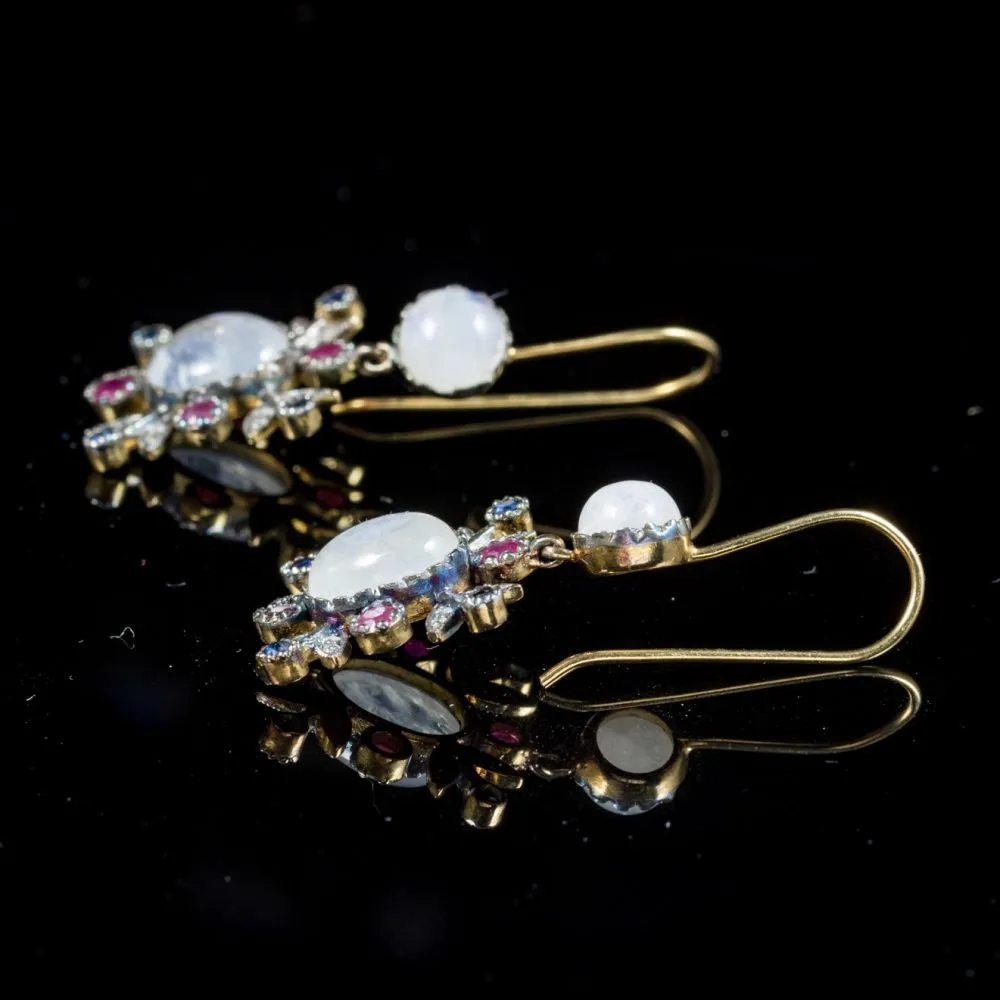 Moonstone Ruby Sapphire Diamond Earrings 9Ct Gold Silver