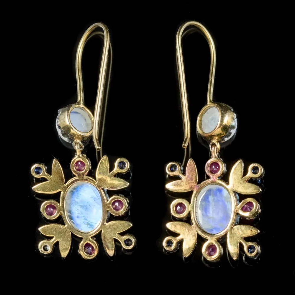 Moonstone Ruby Sapphire Diamond Earrings 9Ct Gold Silver