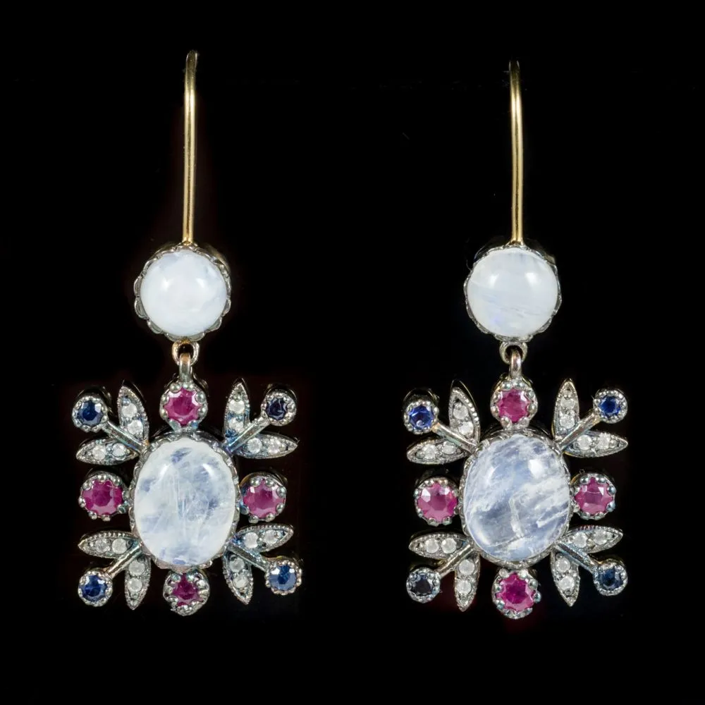 Moonstone Ruby Sapphire Diamond Earrings 9Ct Gold Silver