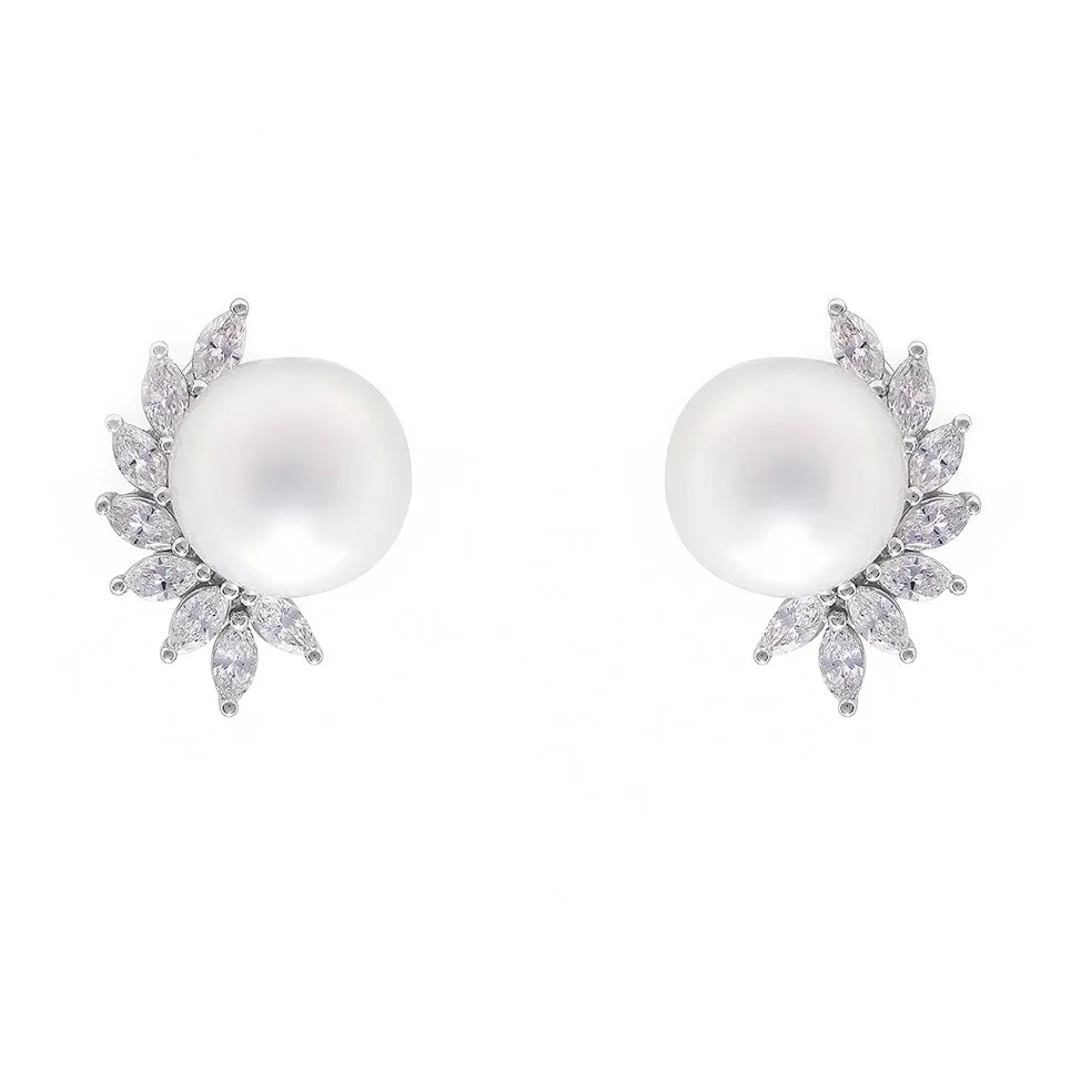 Natural South Sea Pearl and Marquise Diamond Earrings in White Gold