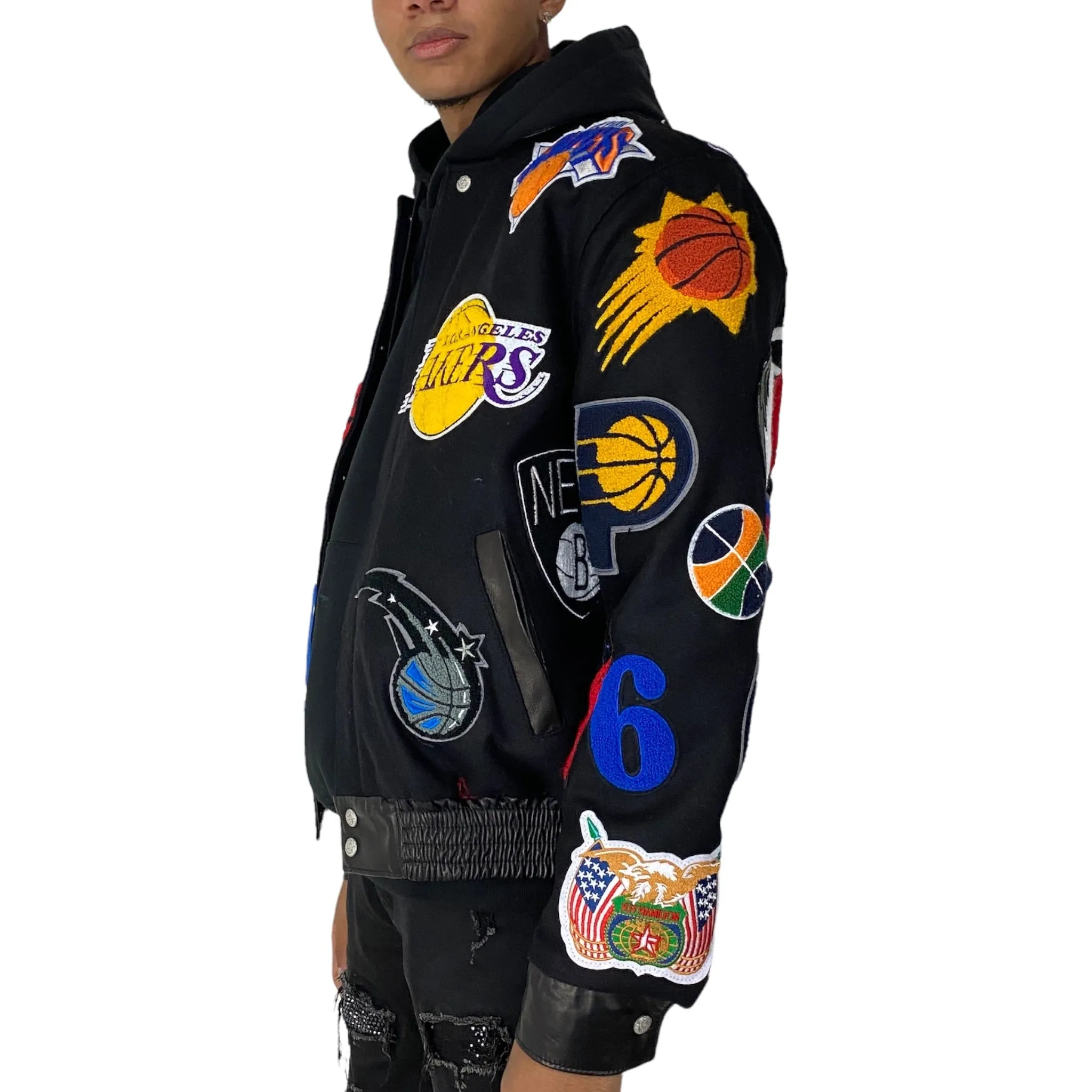 NBA COLLAGE WOOL & LEATHER JACKET Black