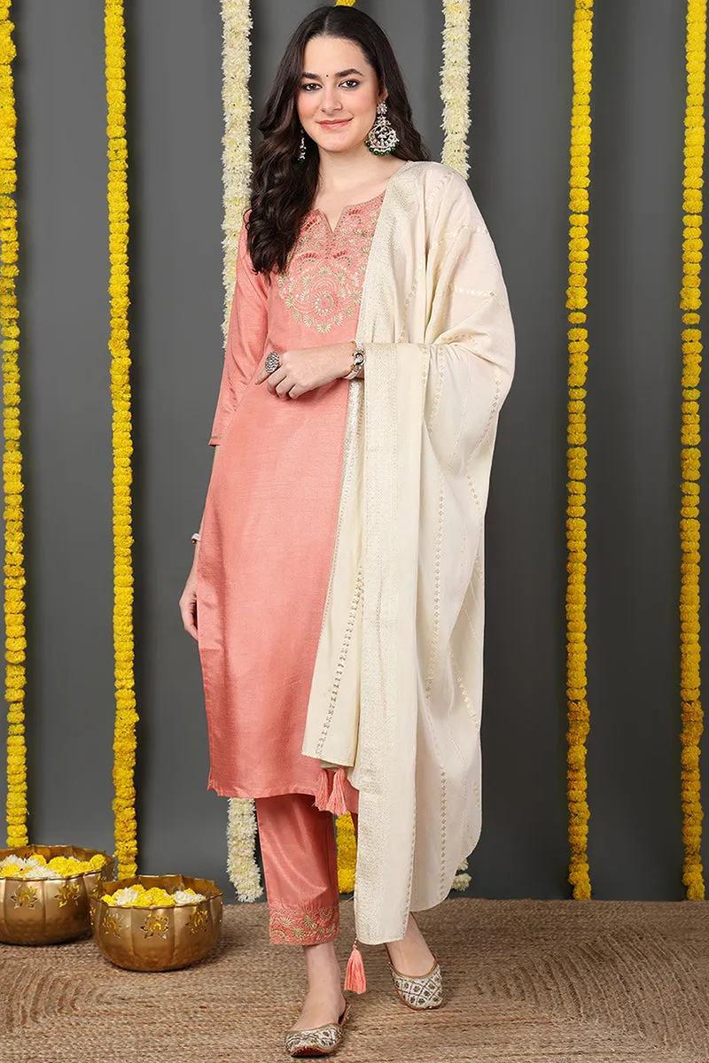 Orange Silk Blend Solid Embroidered Straight Suit Set