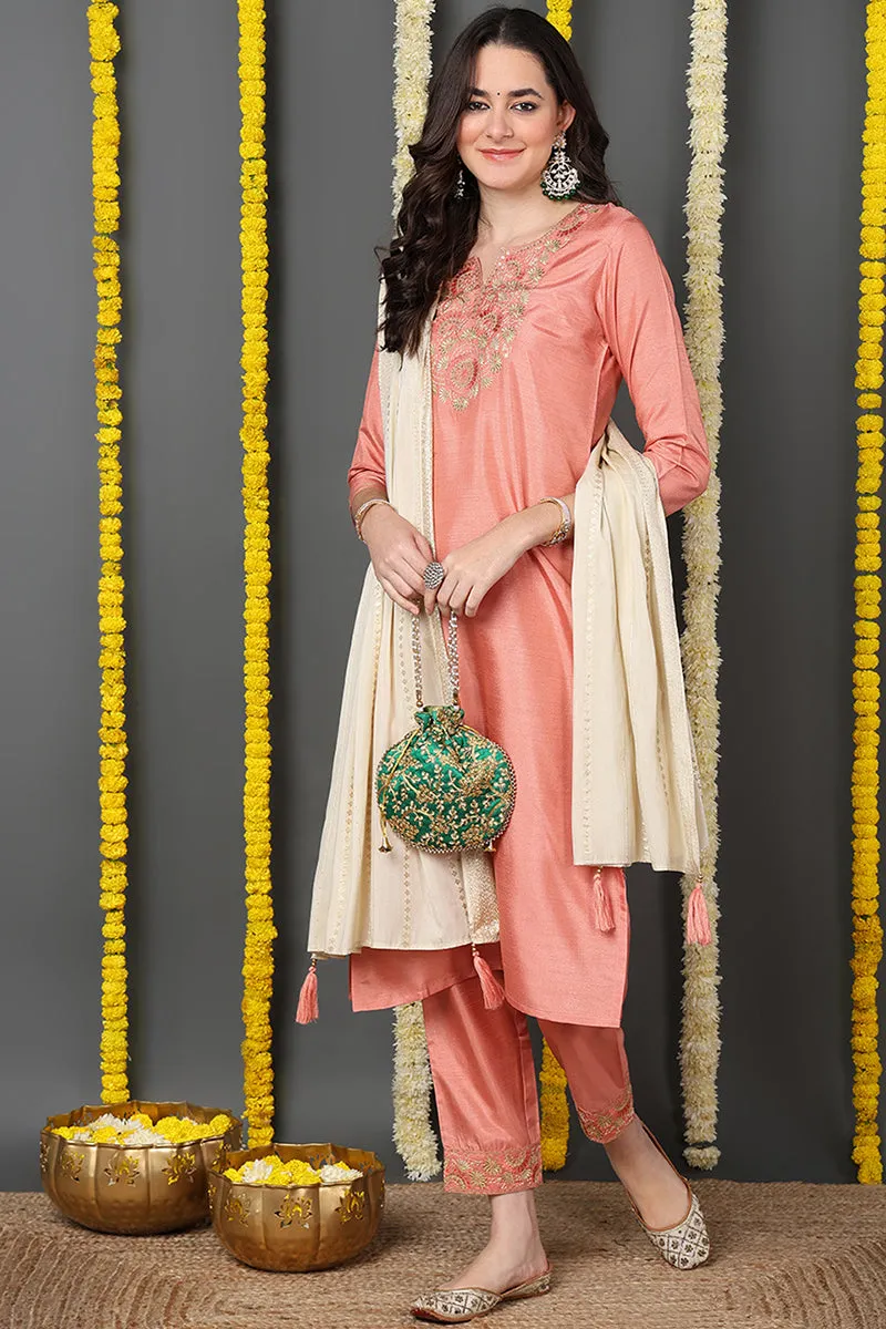 Orange Silk Blend Solid Embroidered Straight Suit Set