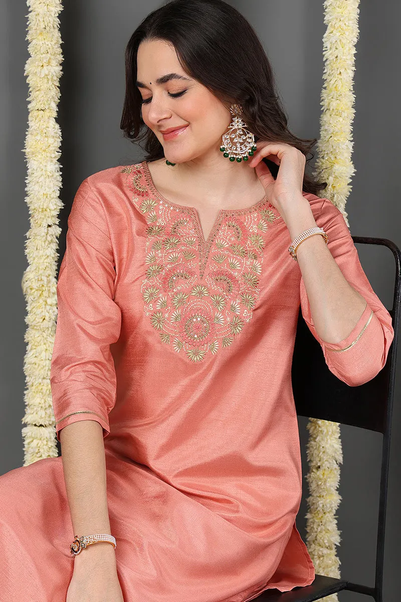 Orange Silk Blend Solid Embroidered Straight Suit Set