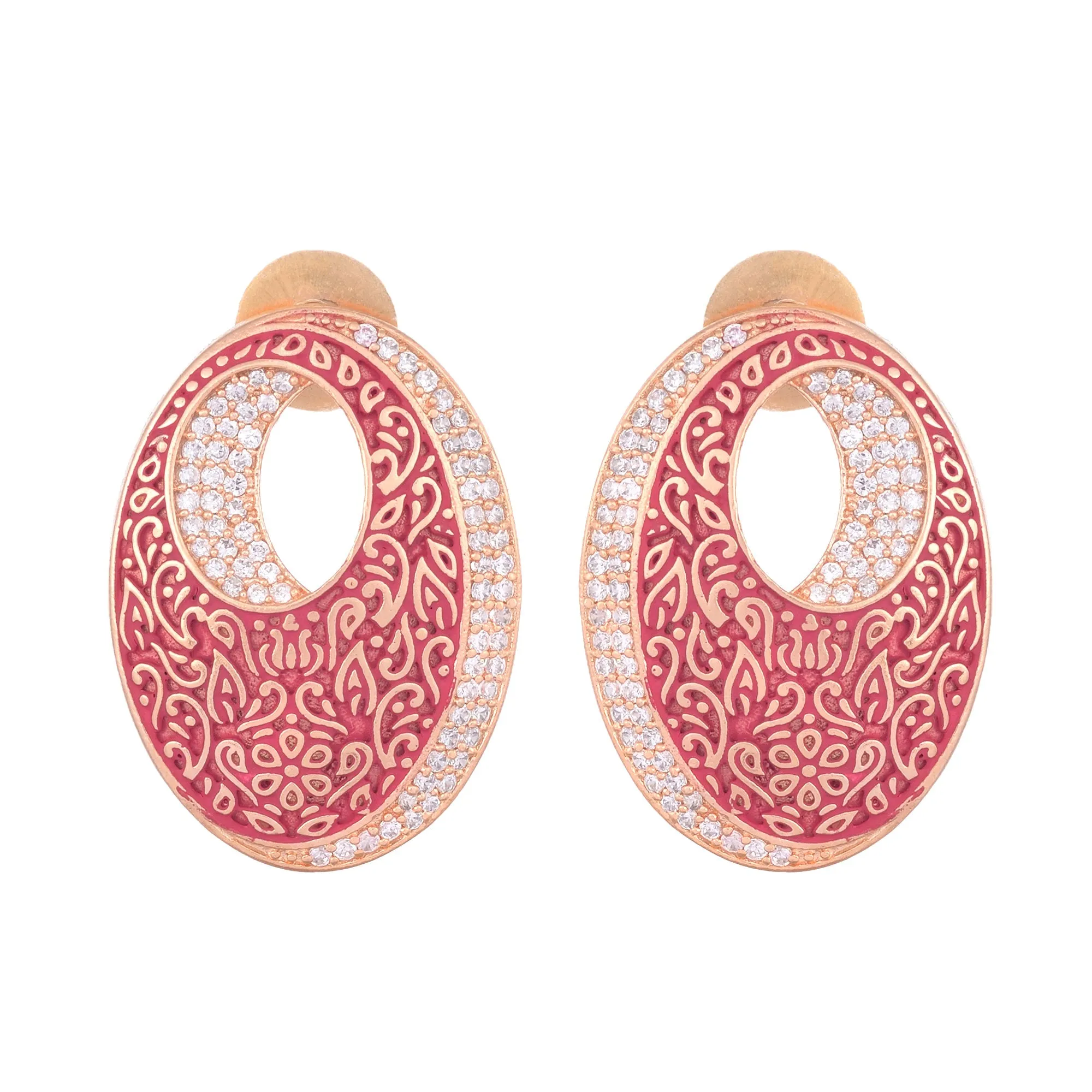 Oval Red Meenakari Small Earrings High Quality Enamelled Rose Gold Plated for Women and Girls - Saraf RS Jewellery