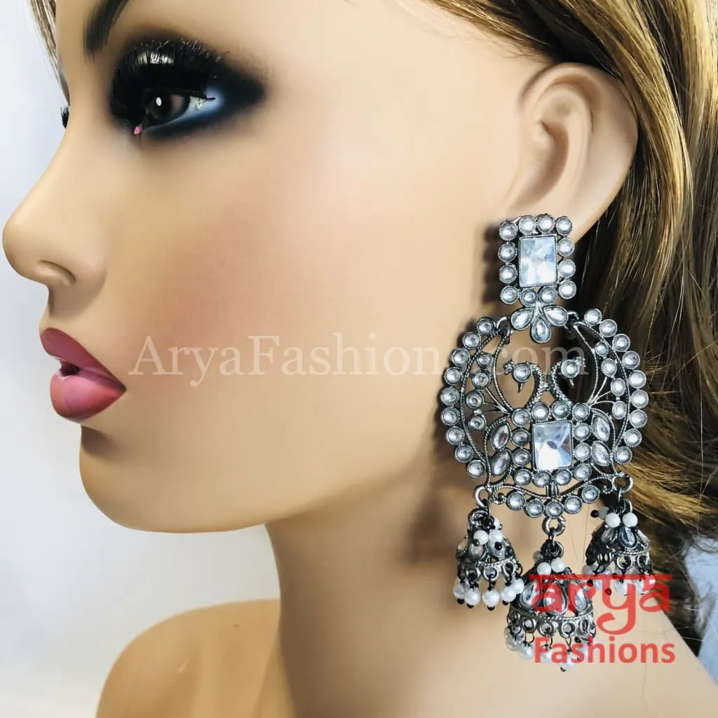 Oxidized Silver Gray Triple Jhumka Earrings