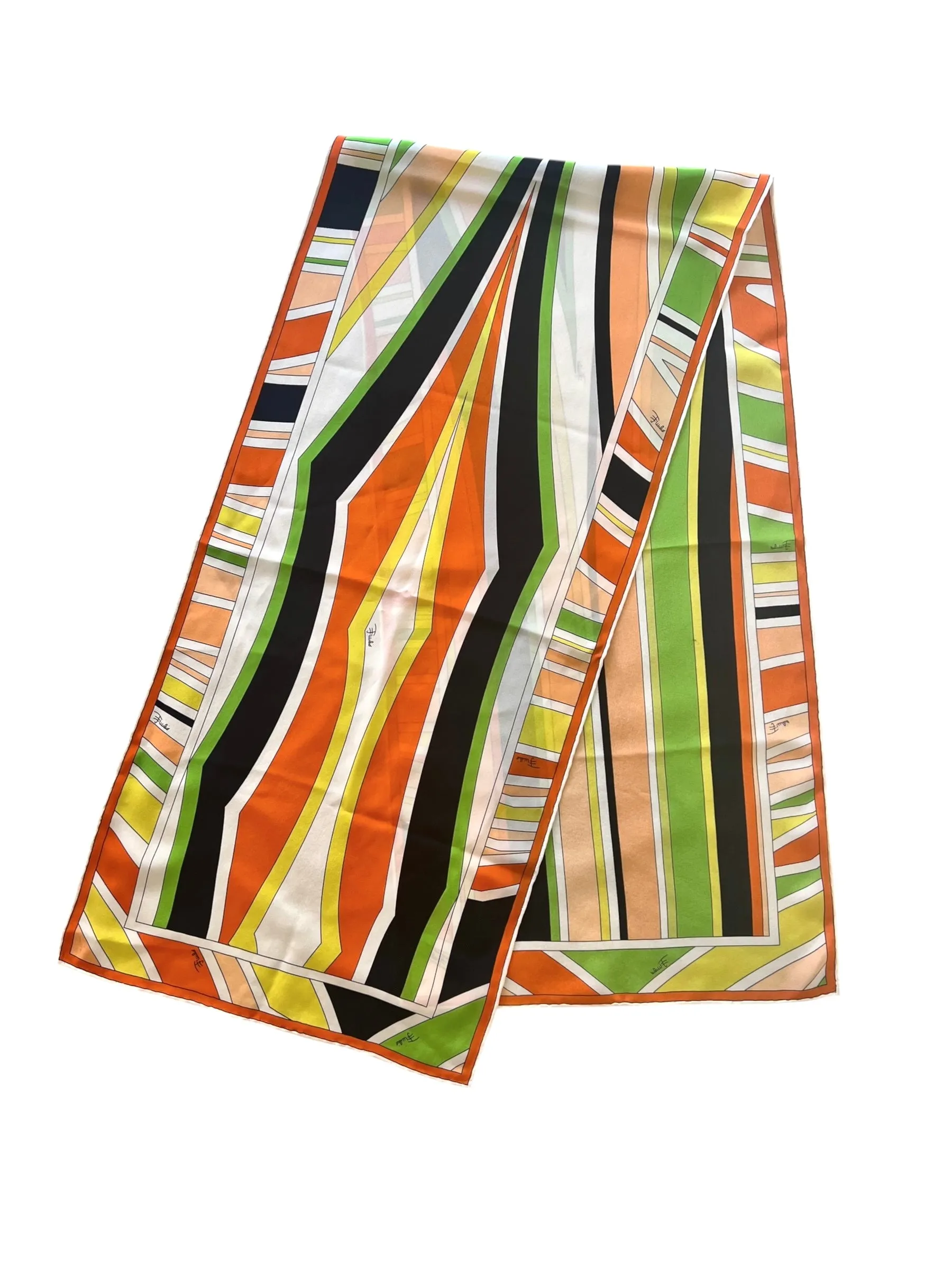 Pucci Orange and Green Psychedelic Striped Long Printed Silk Scarf