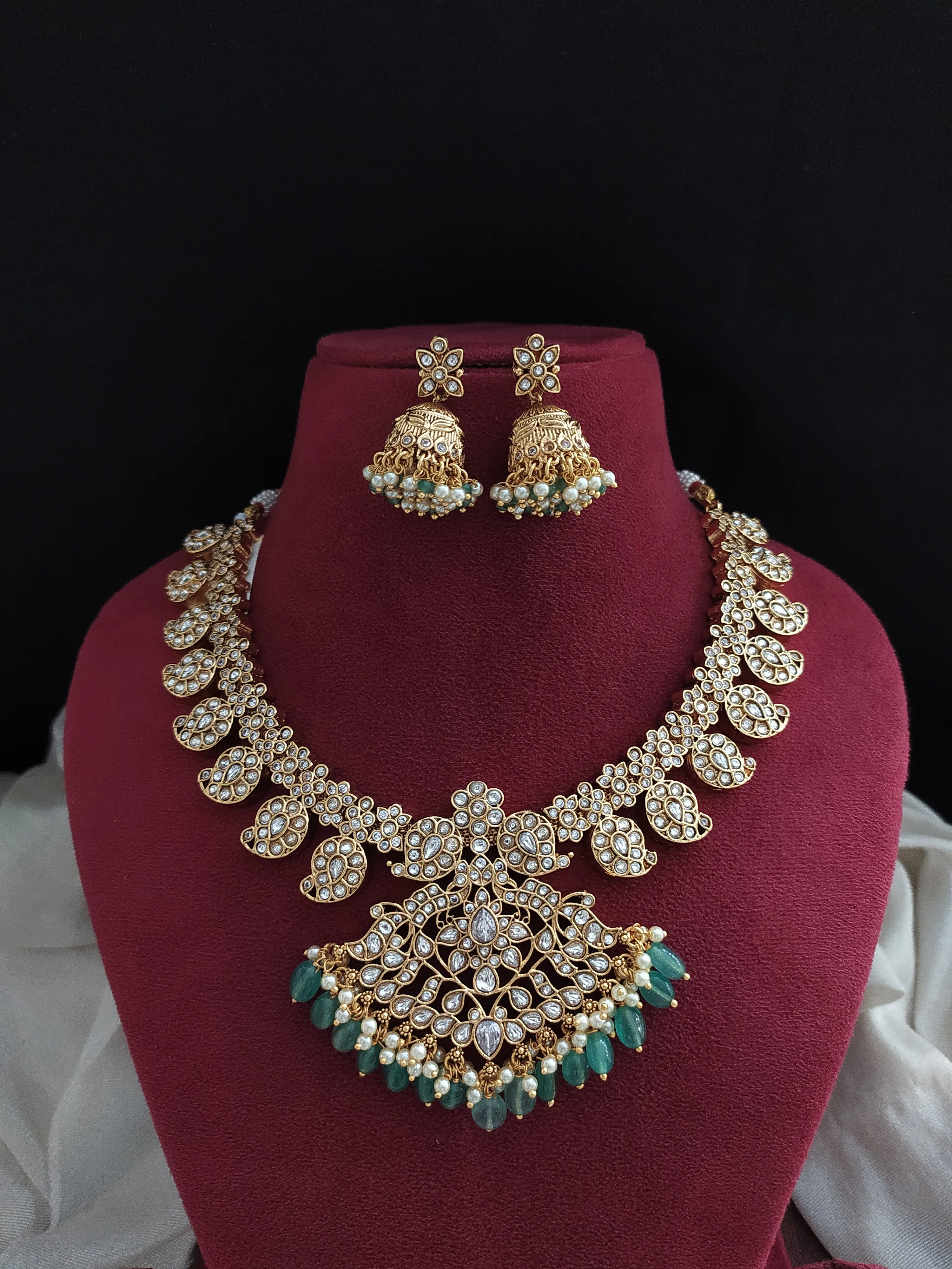 "Traditional Kemp Mango Necklace Set with Jhumkis"