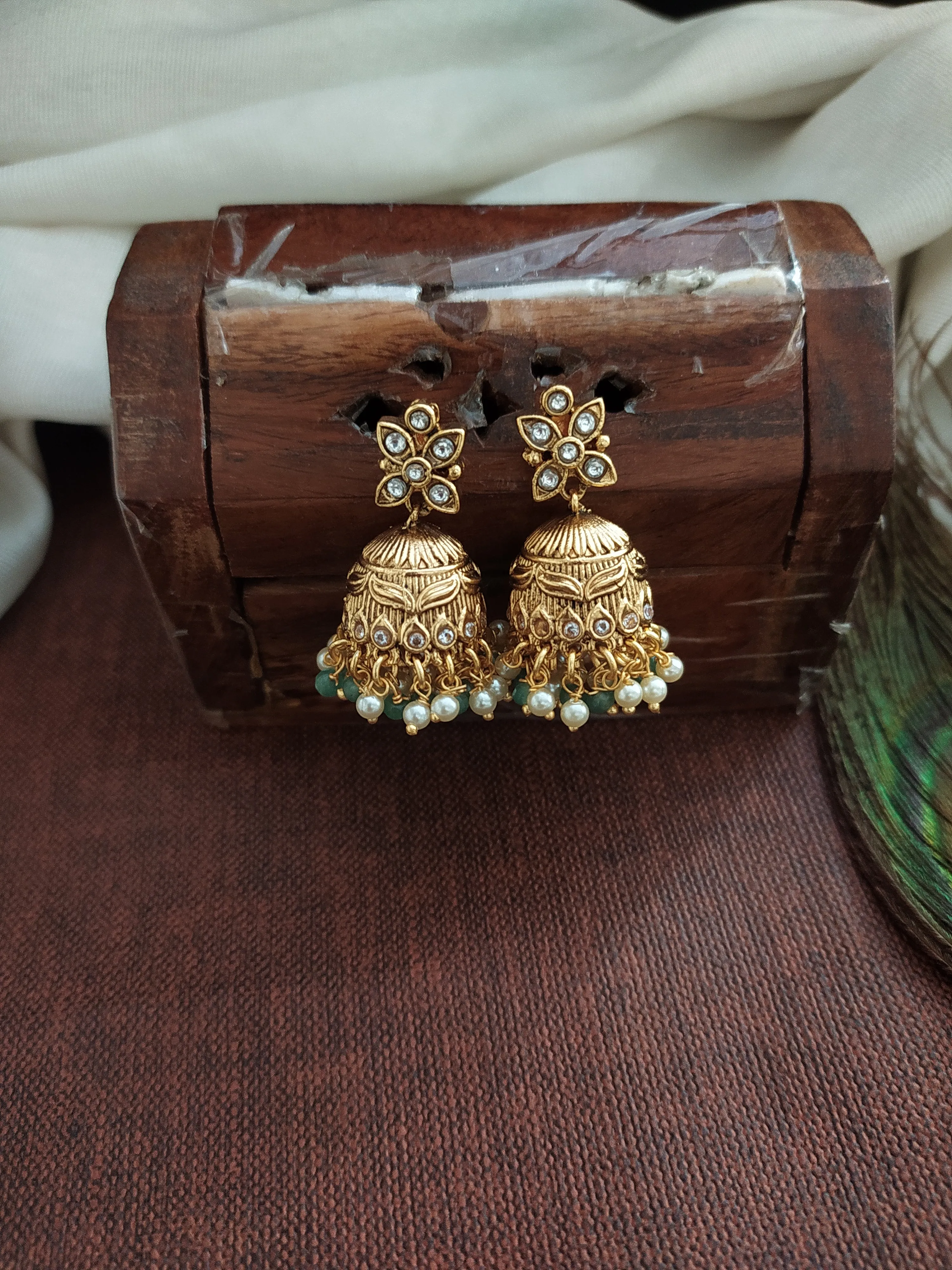 "Traditional Kemp Mango Necklace Set with Jhumkis"