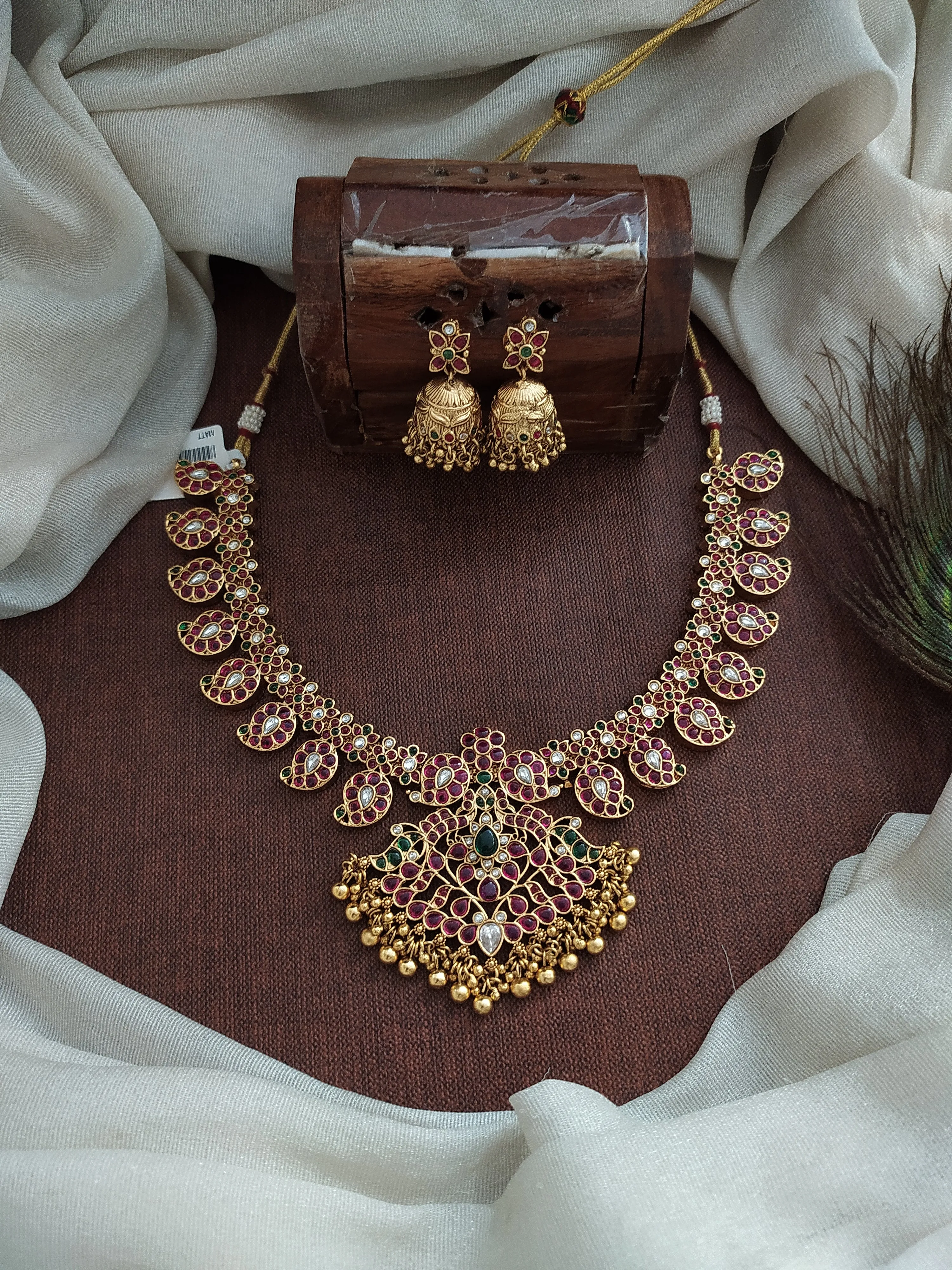 "Traditional Kemp Mango Necklace Set with Jhumkis"