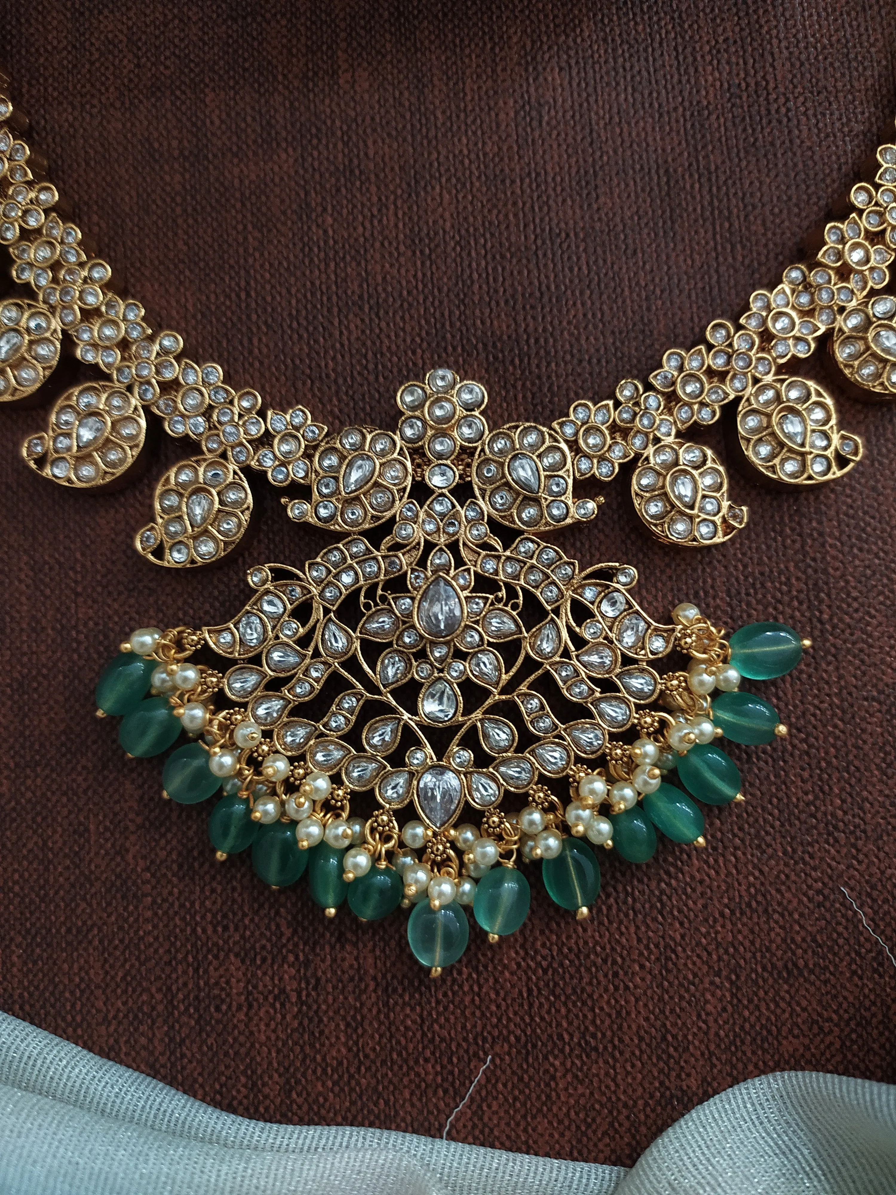 "Traditional Kemp Mango Necklace Set with Jhumkis"