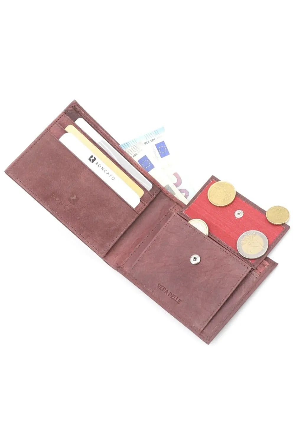 R Roncato Men's Wallet in Nappa Leather, Equipped With Coin Purse, Document Holder in Card Format, Card Holder, Red