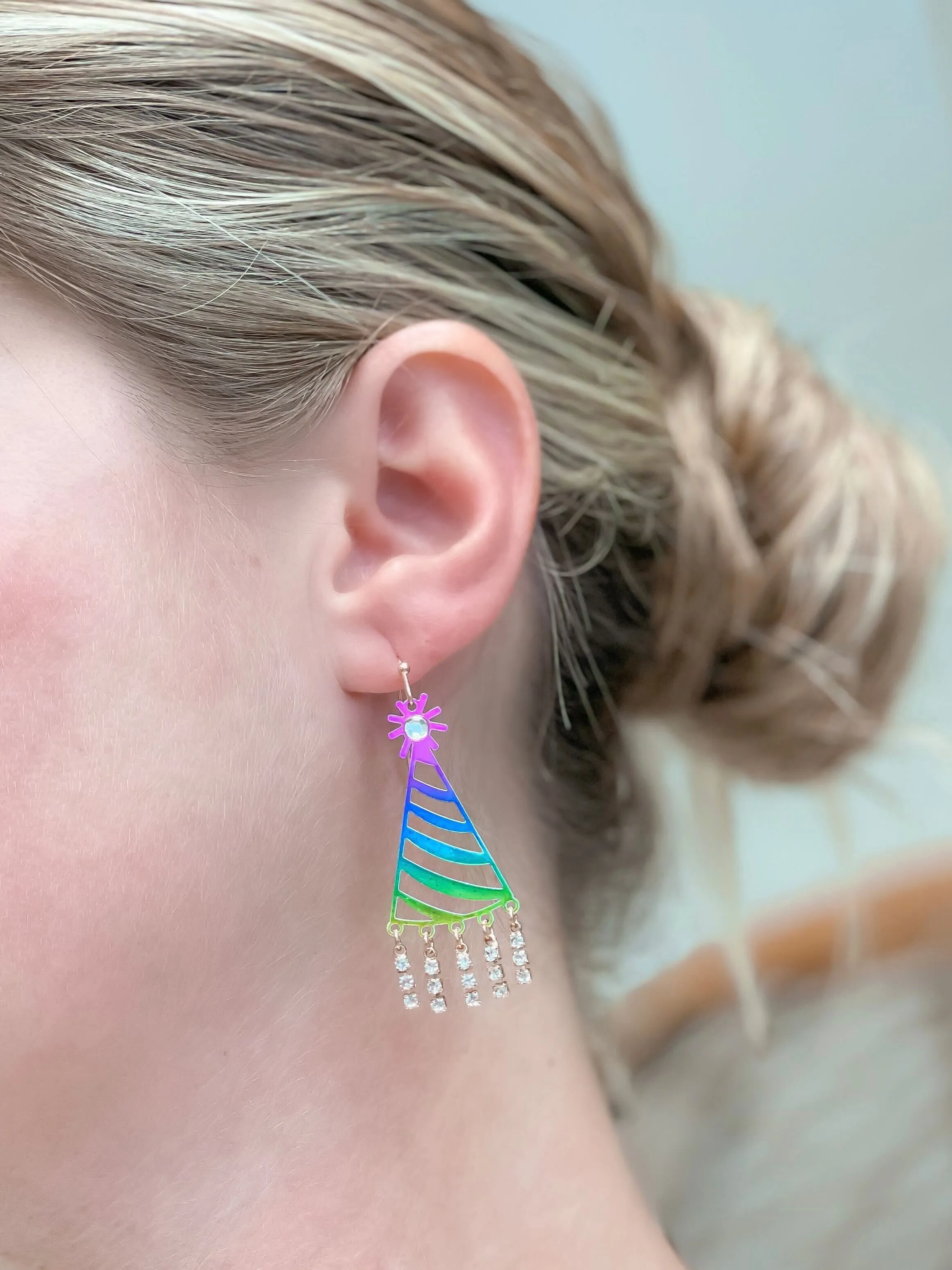 Rainbow Metallic Pave Birthday Hat Dangle Earrings