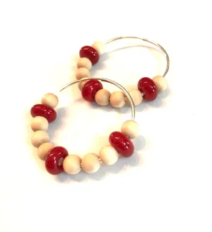 Red And Wood Beaded Hoop Earrings