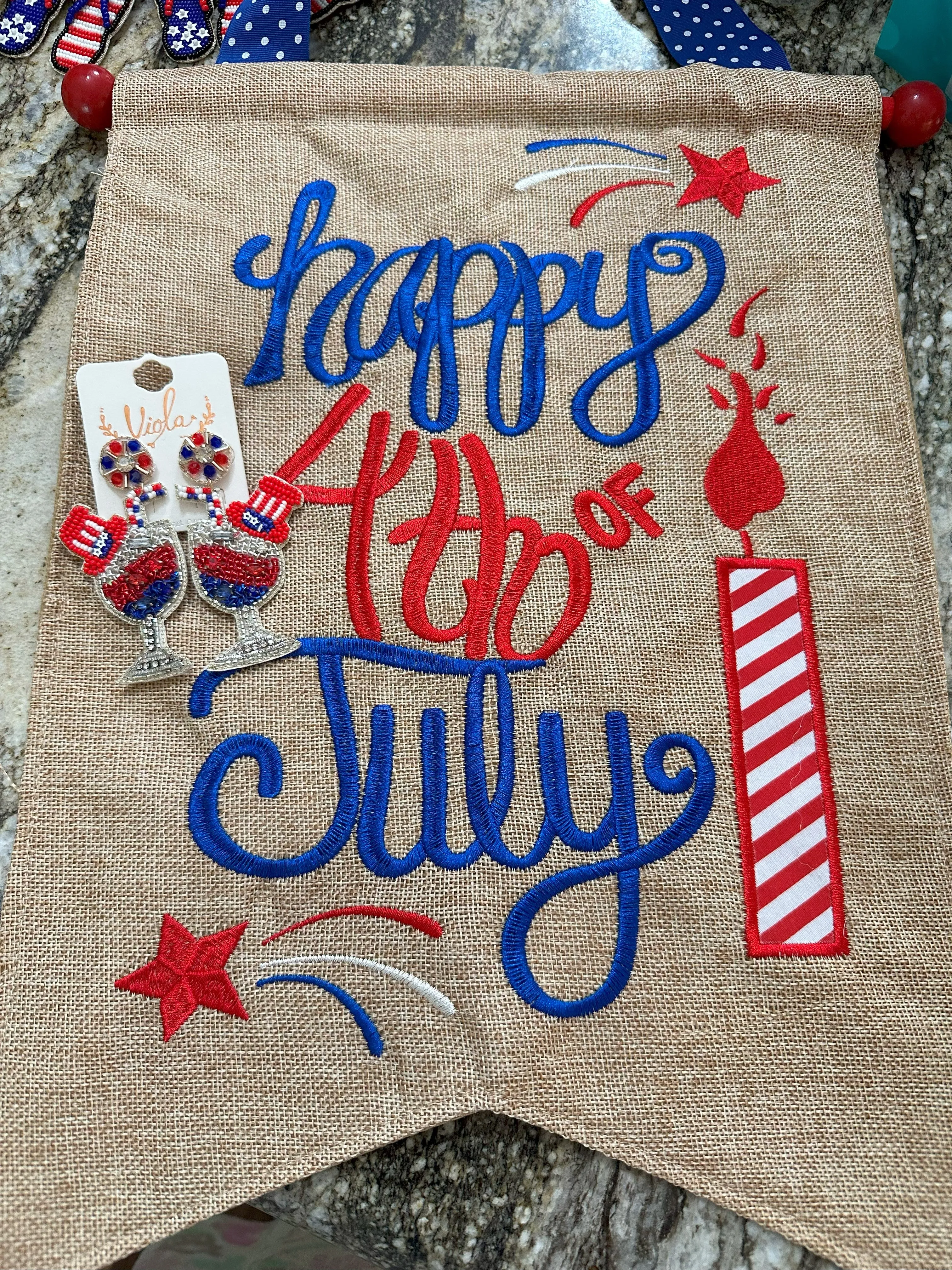 Red, White and Blue Patriotic Celebration Champaign Glasses under Fireworks Earrings