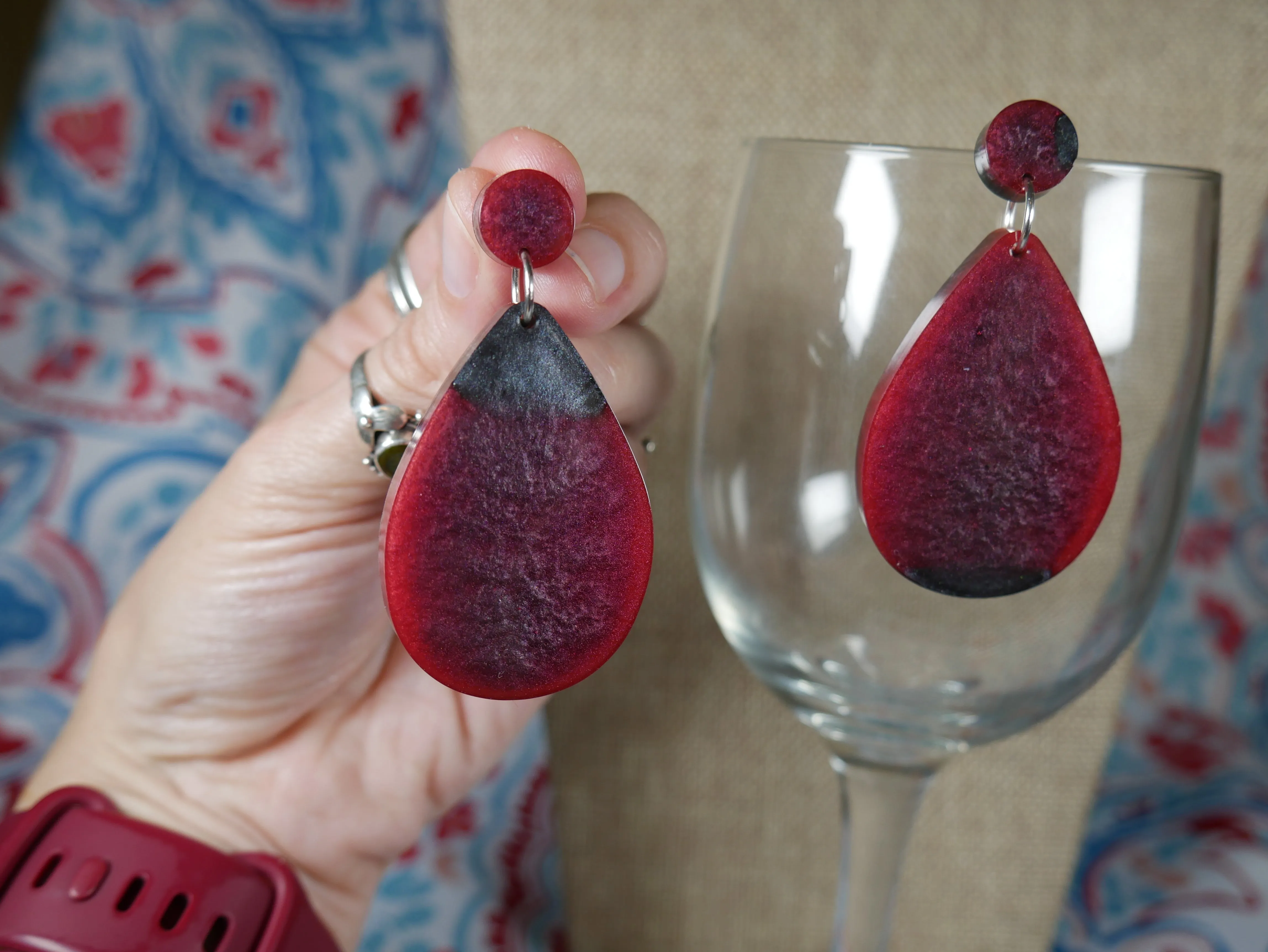 Resin Cranberry Red and Silver/Black Teardrop Shaped Earrings