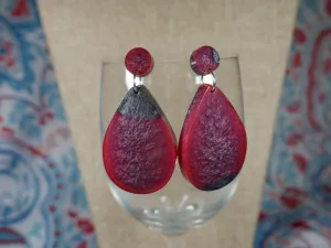 Resin Cranberry Red and Silver/Black Teardrop Shaped Earrings