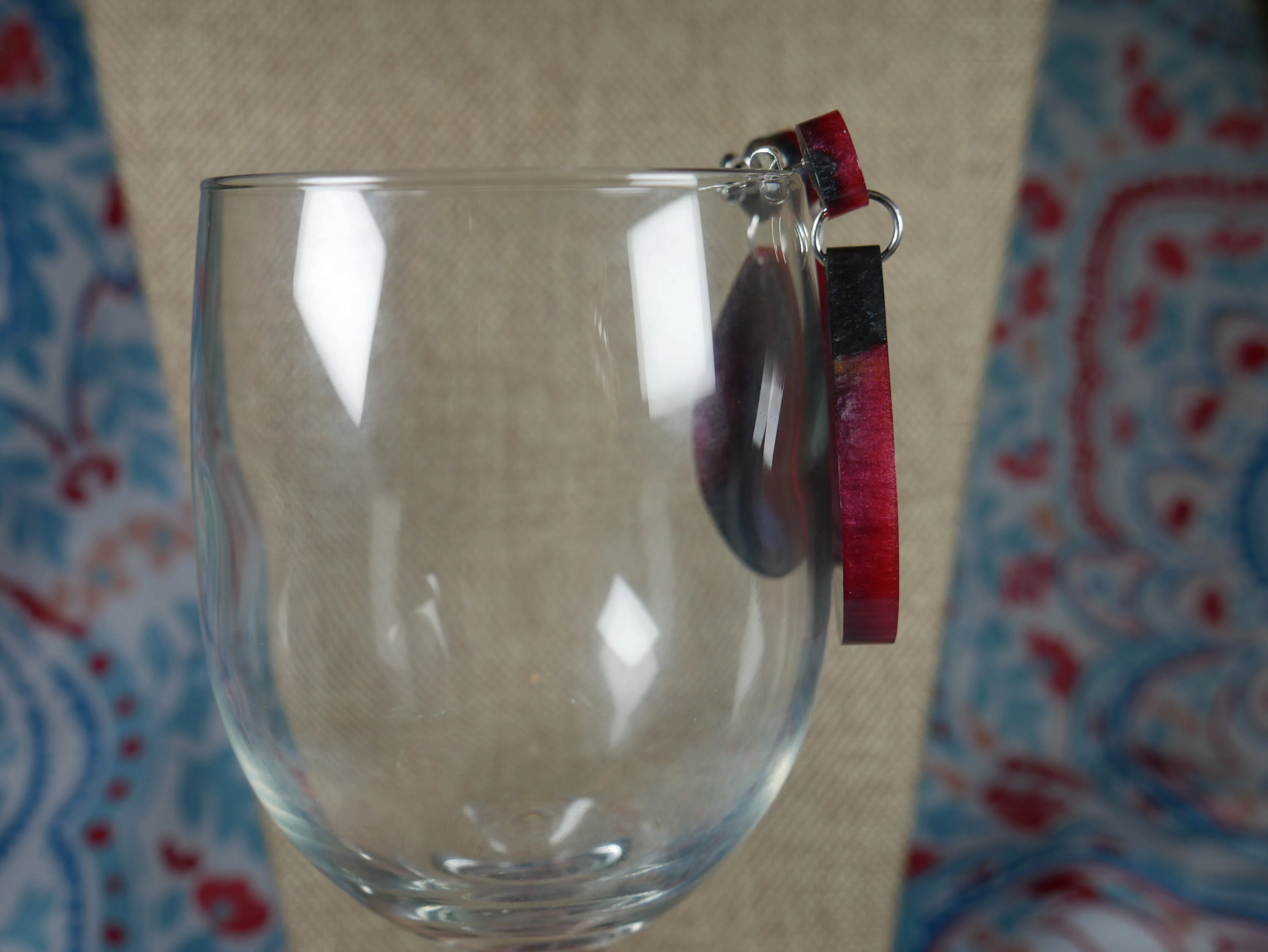 Resin Cranberry Red and Silver/Black Teardrop Shaped Earrings