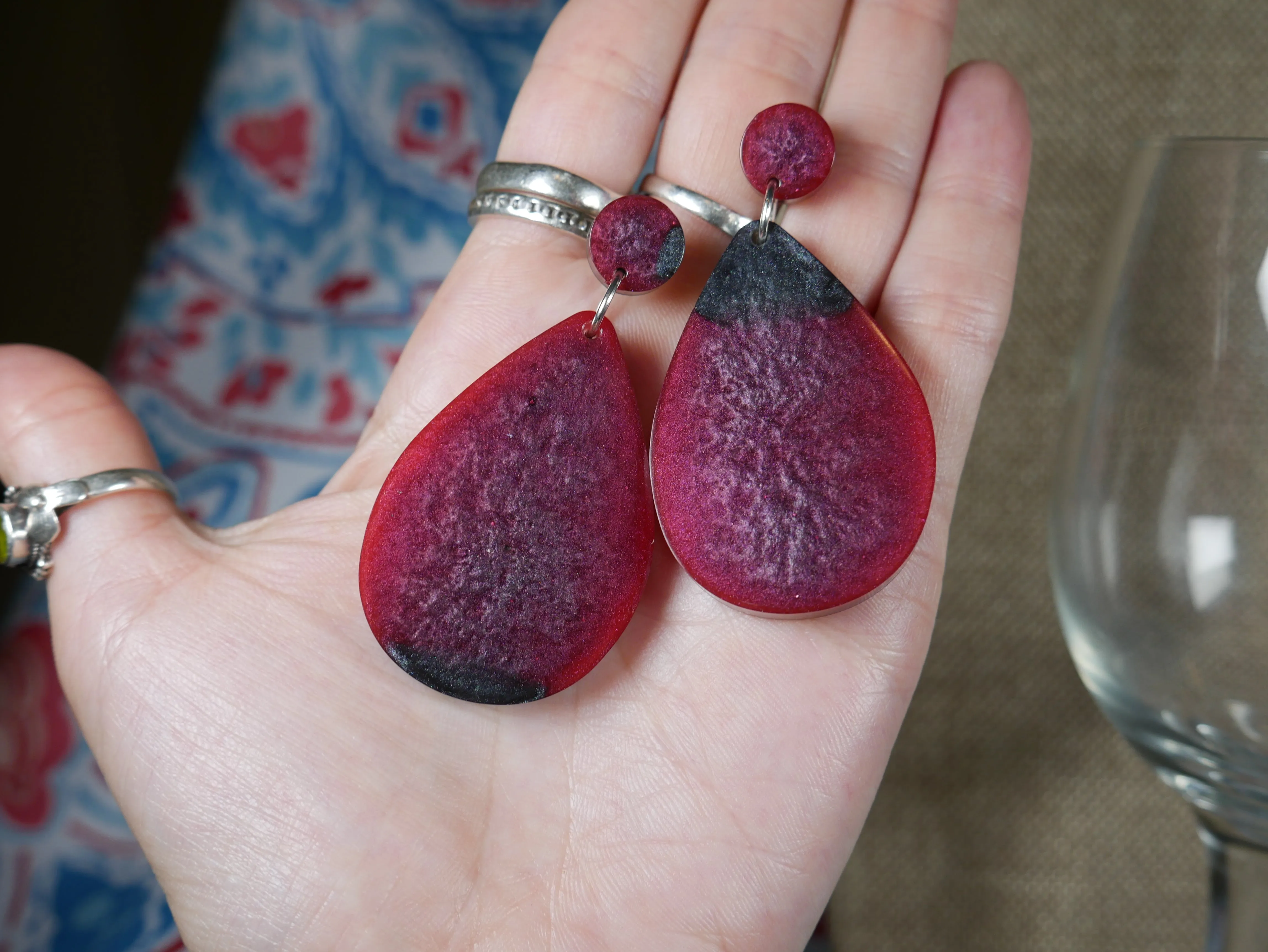 Resin Cranberry Red and Silver/Black Teardrop Shaped Earrings