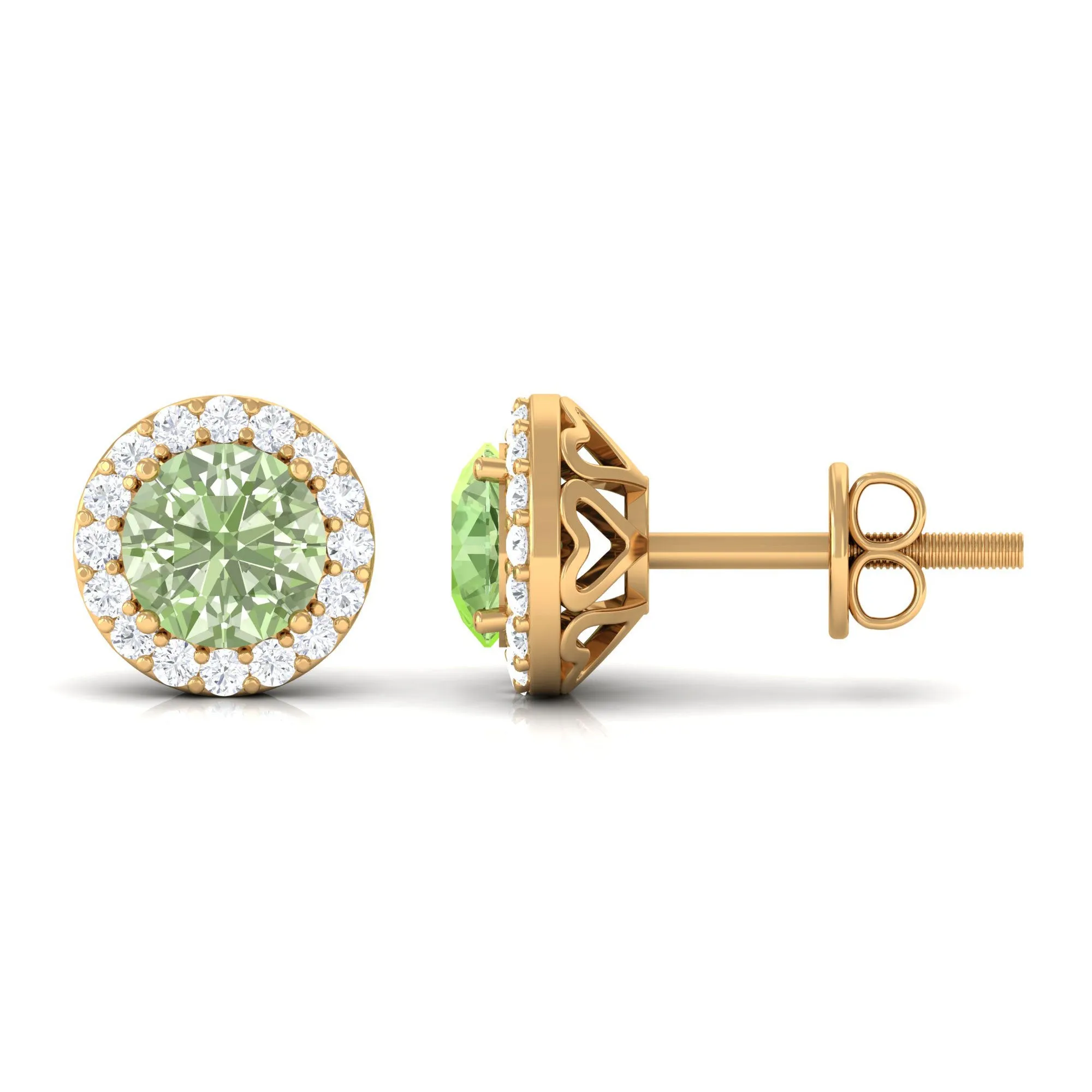 Round Green Sapphire and Diamond Classic Halo Stud Earrings