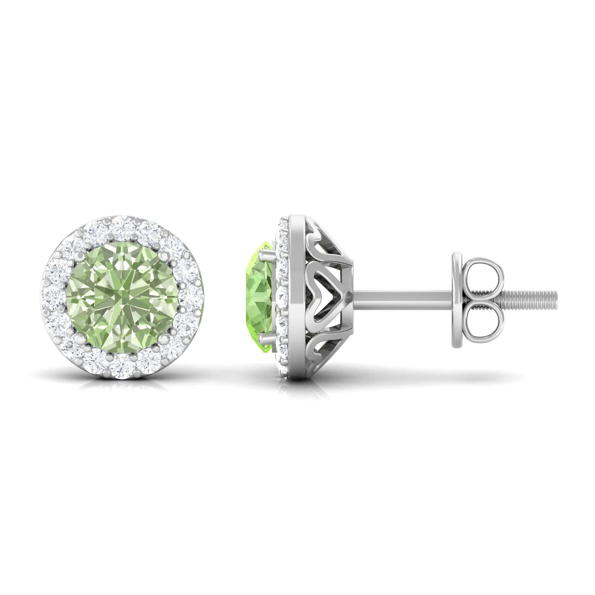 Round Green Sapphire and Diamond Classic Halo Stud Earrings