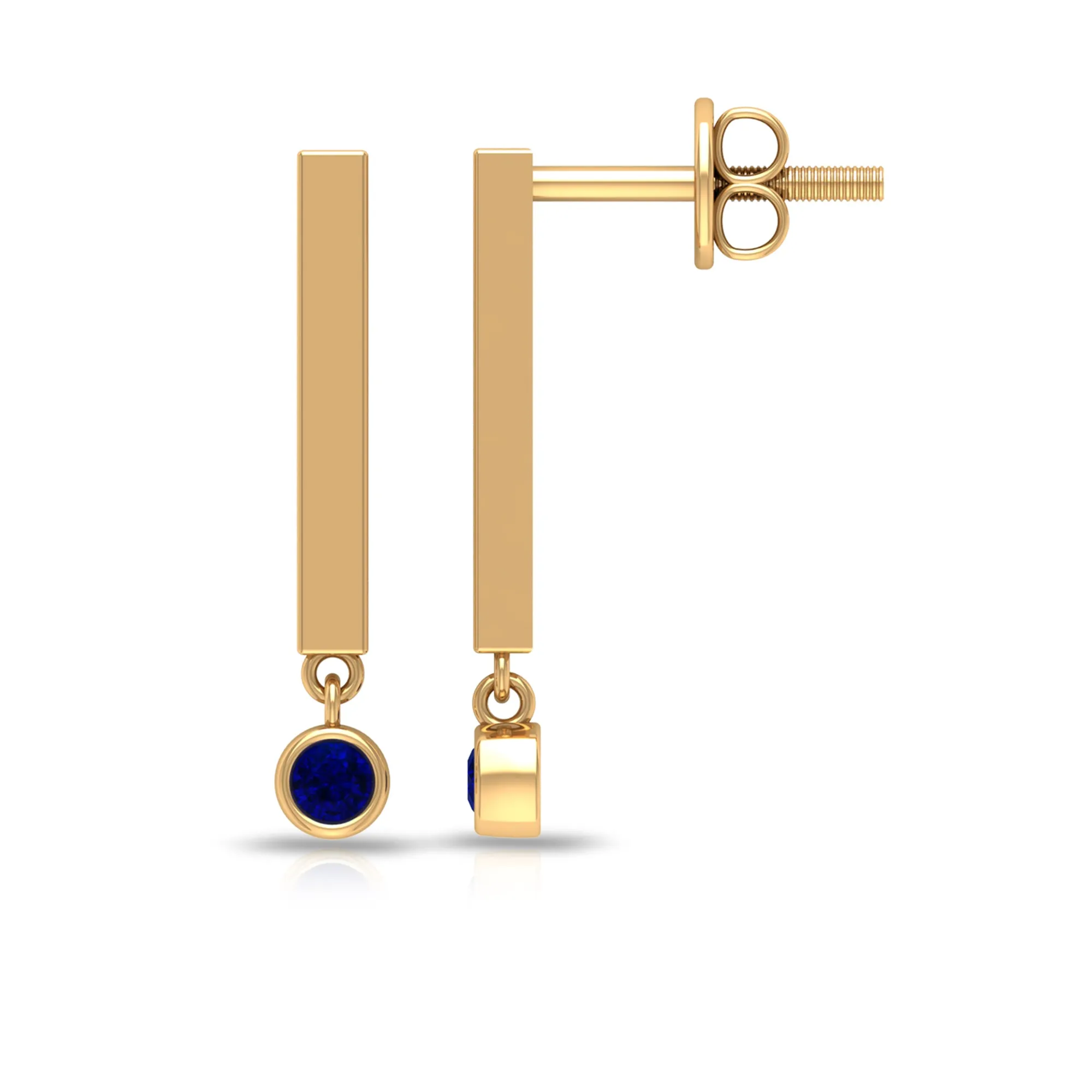 Round Shape Blue Sapphire and Gold Bar Drop Earrings for Women