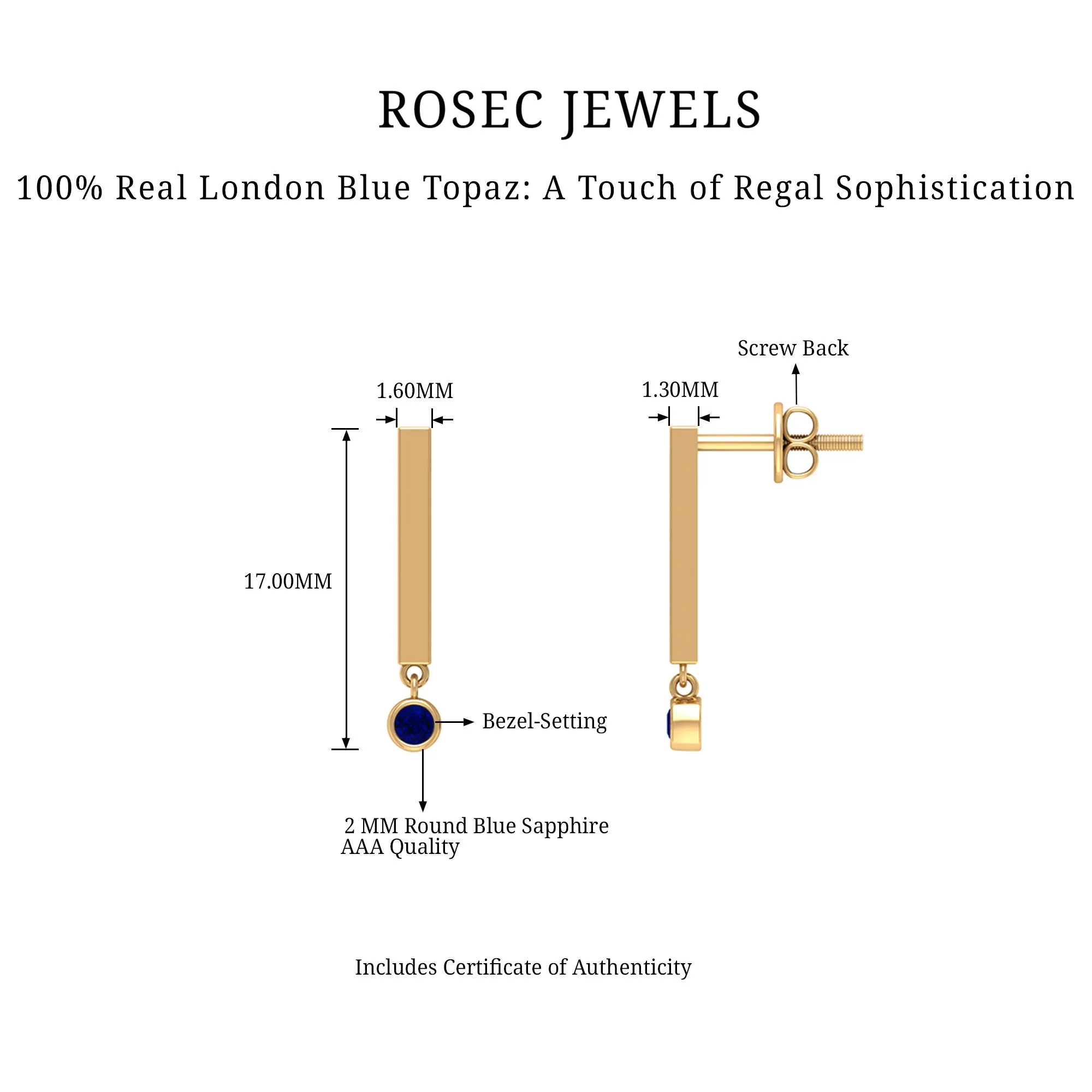 Round Shape Blue Sapphire and Gold Bar Drop Earrings for Women