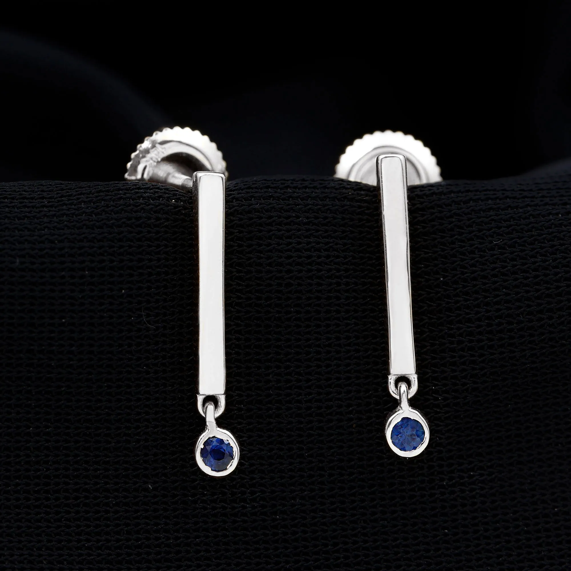 Round Shape Blue Sapphire and Gold Bar Drop Earrings for Women