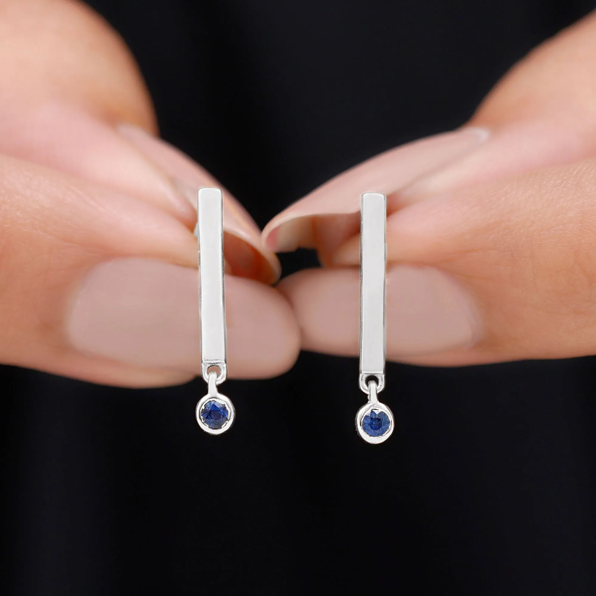 Round Shape Blue Sapphire and Gold Bar Drop Earrings for Women