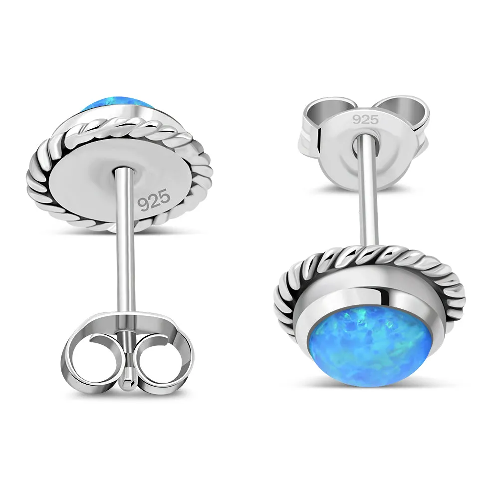 Round Synthetic Blue Opal Stud Silver Earrings