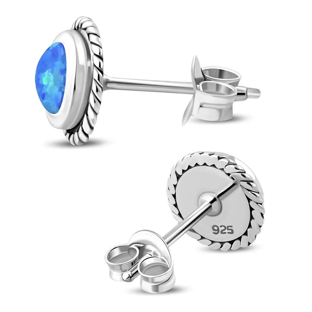 Round Synthetic Blue Opal Stud Silver Earrings