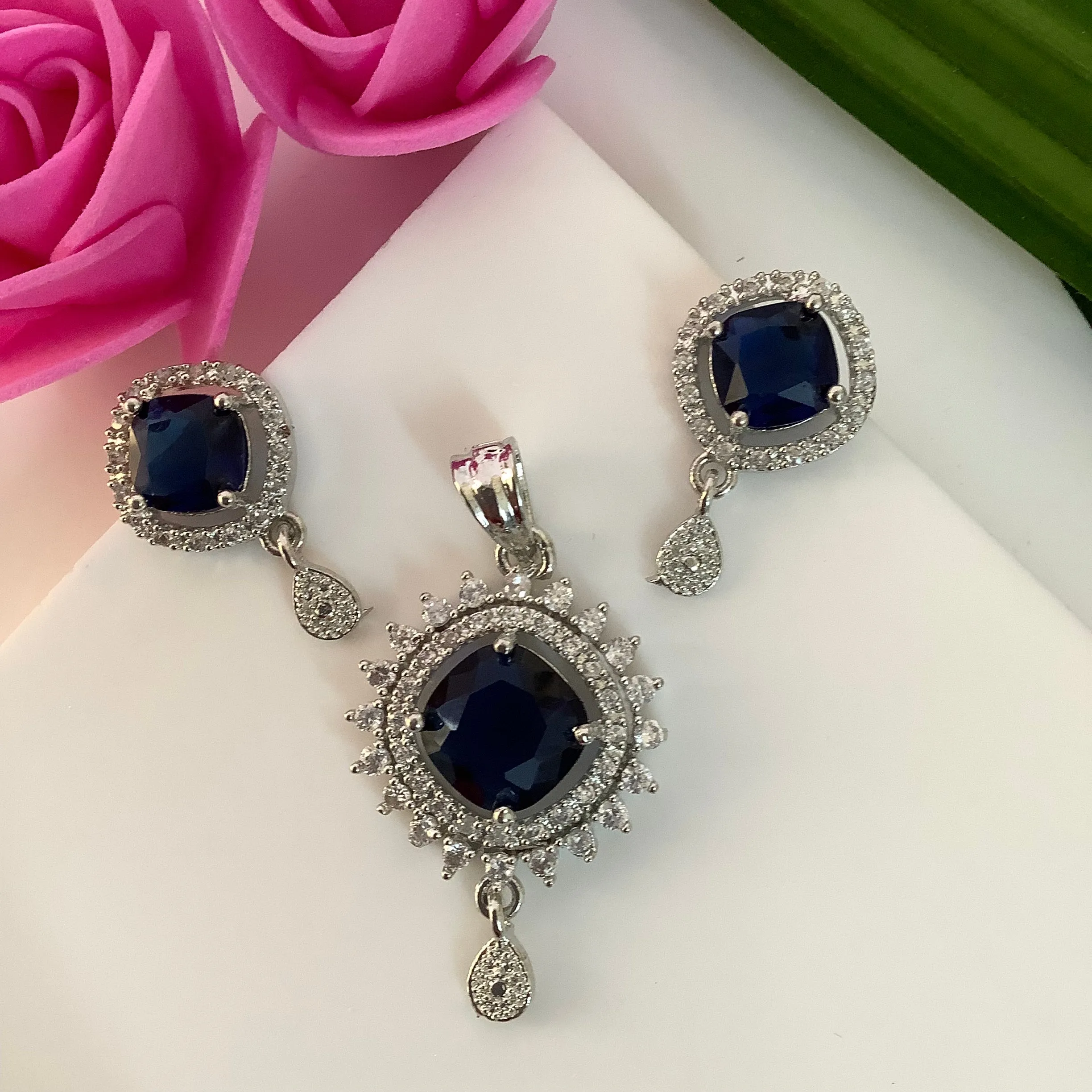 Salvanity American Diamond Pendant Set with earrings - Poornima - Blue