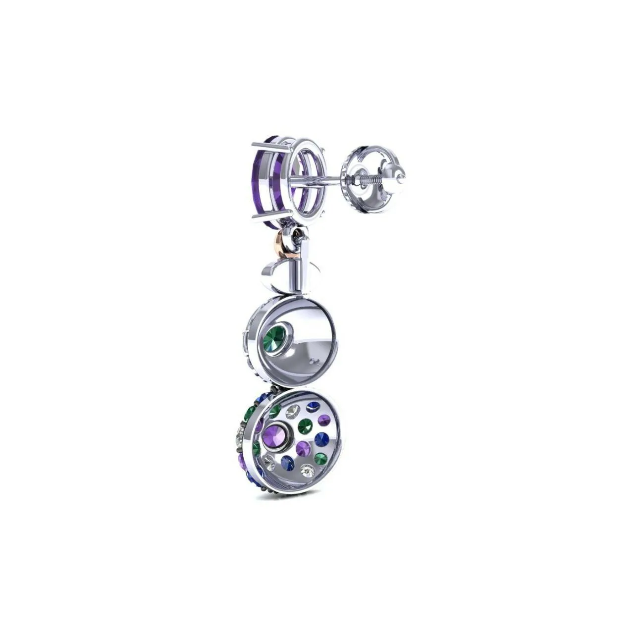 Silver Earring With White Blue Green and Amethyst CZ