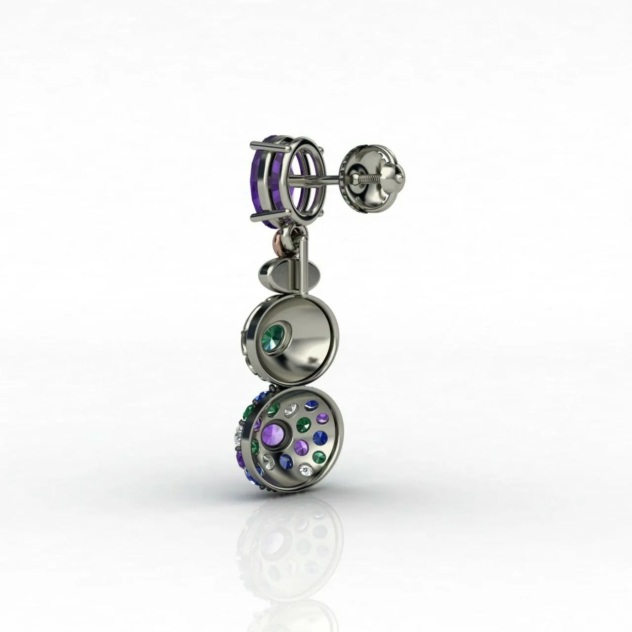 Silver Earring With White Blue Green and Amethyst CZ