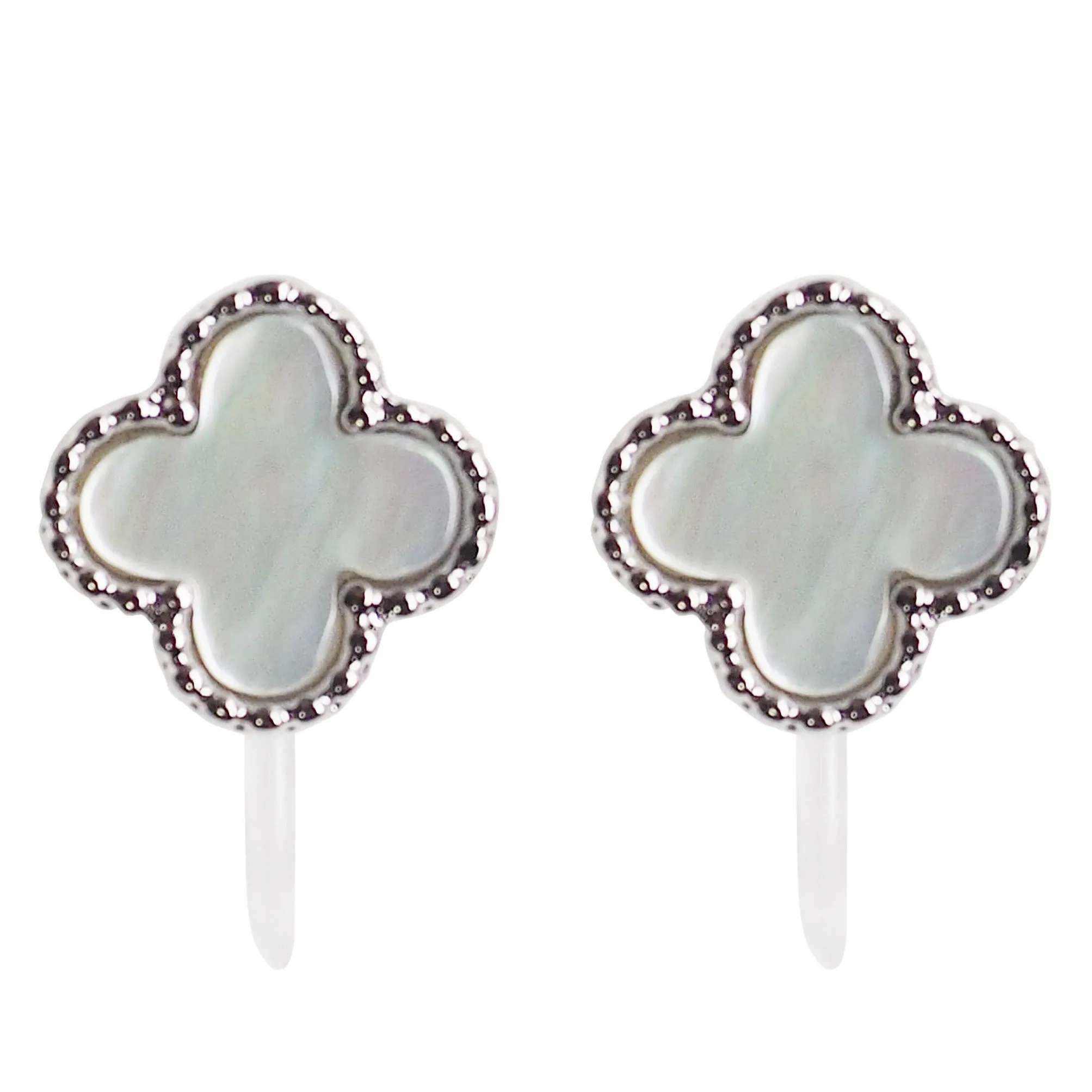 Silver Four Leaf Mother Of Pearl Invisible Clip On Stud Earrings