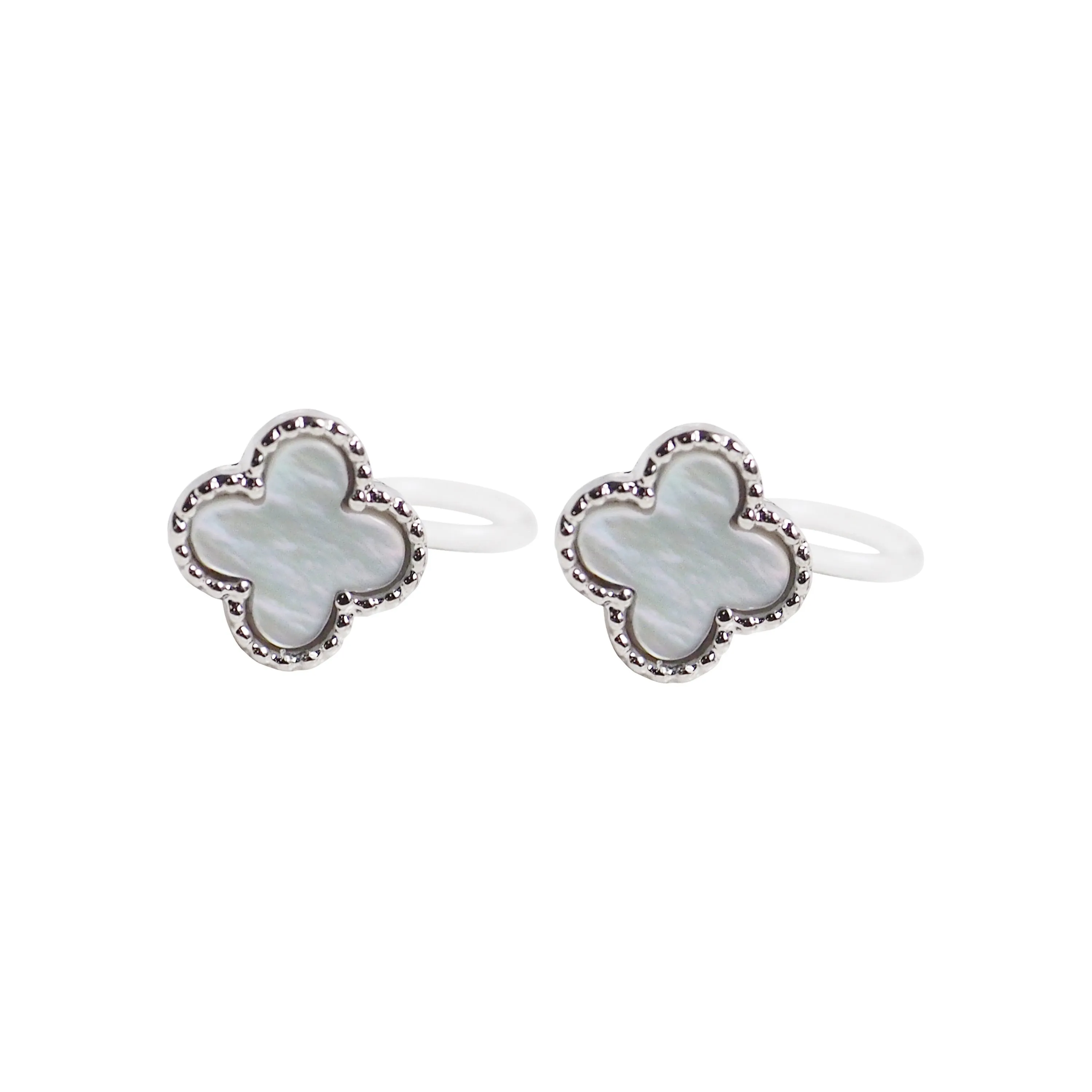 Silver Four Leaf Mother Of Pearl Invisible Clip On Stud Earrings