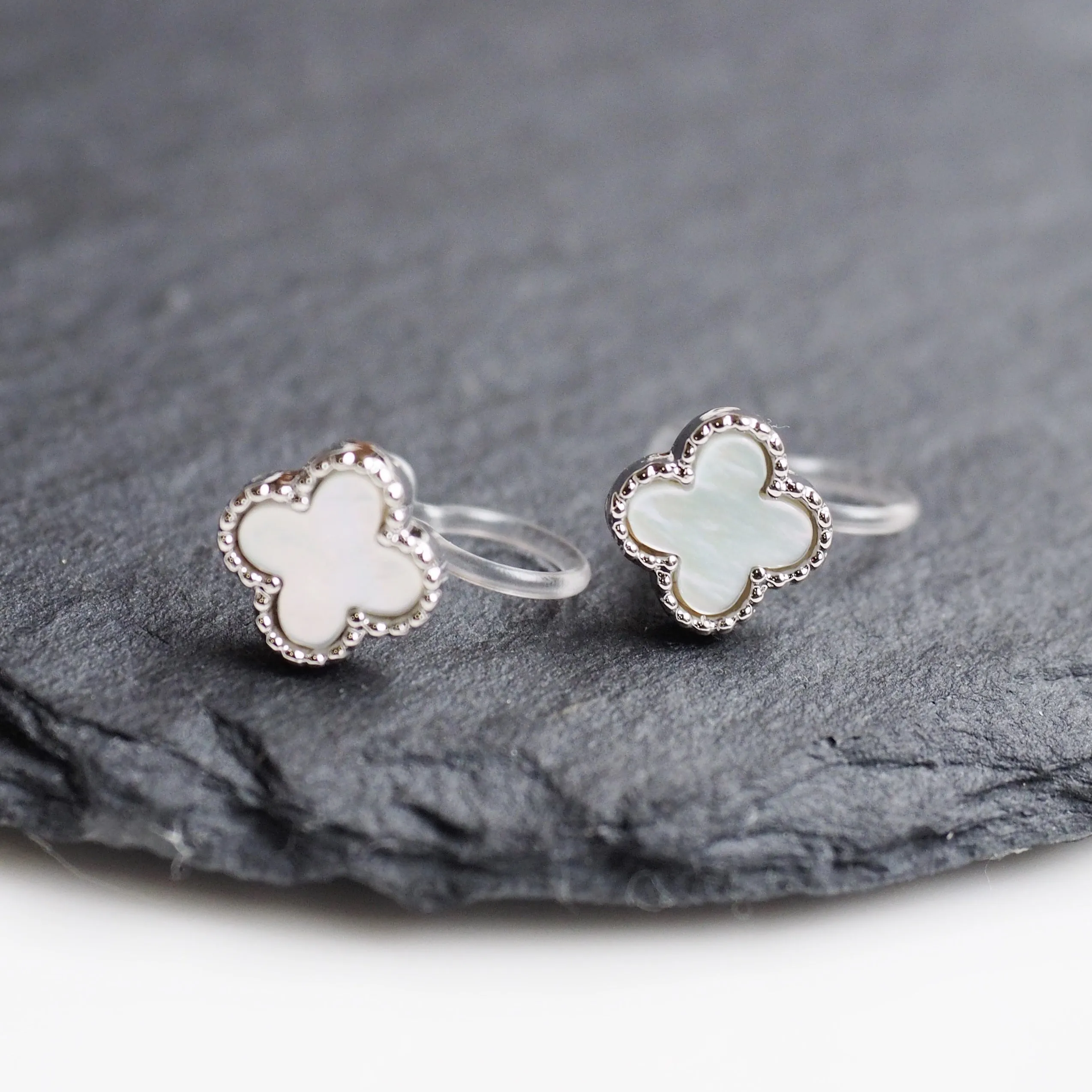 Silver Four Leaf Mother Of Pearl Invisible Clip On Stud Earrings