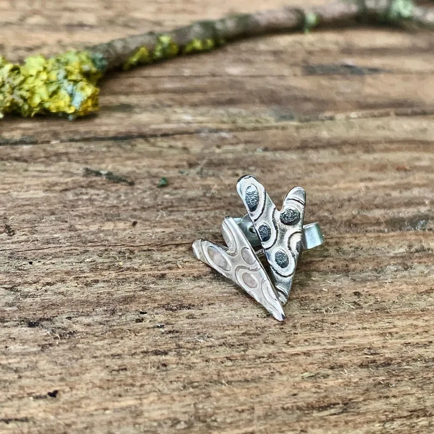 Silver textured hearts stud earrings