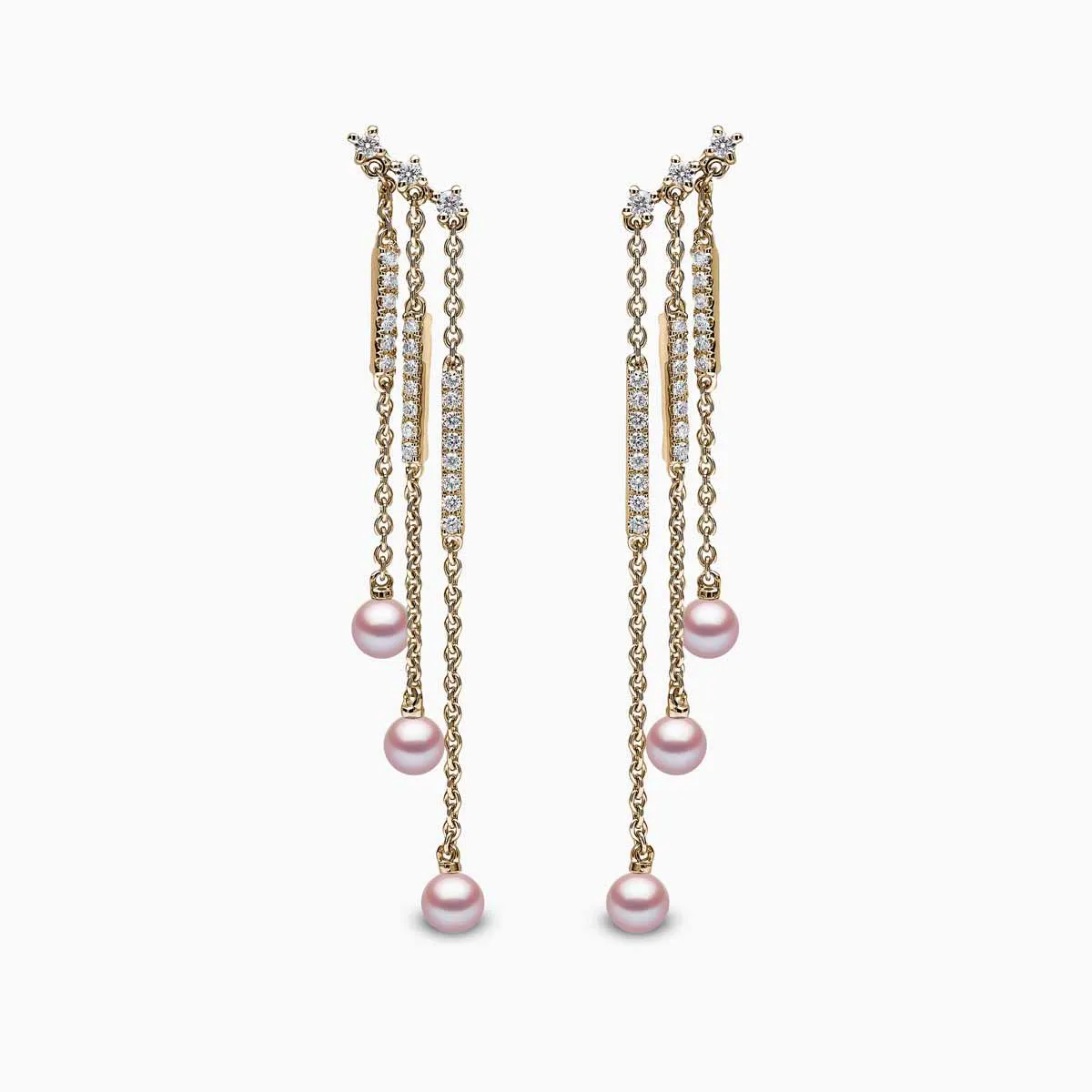 Sleek 18K Gold Pearl and Diamond Triple Chain Drop Earrings