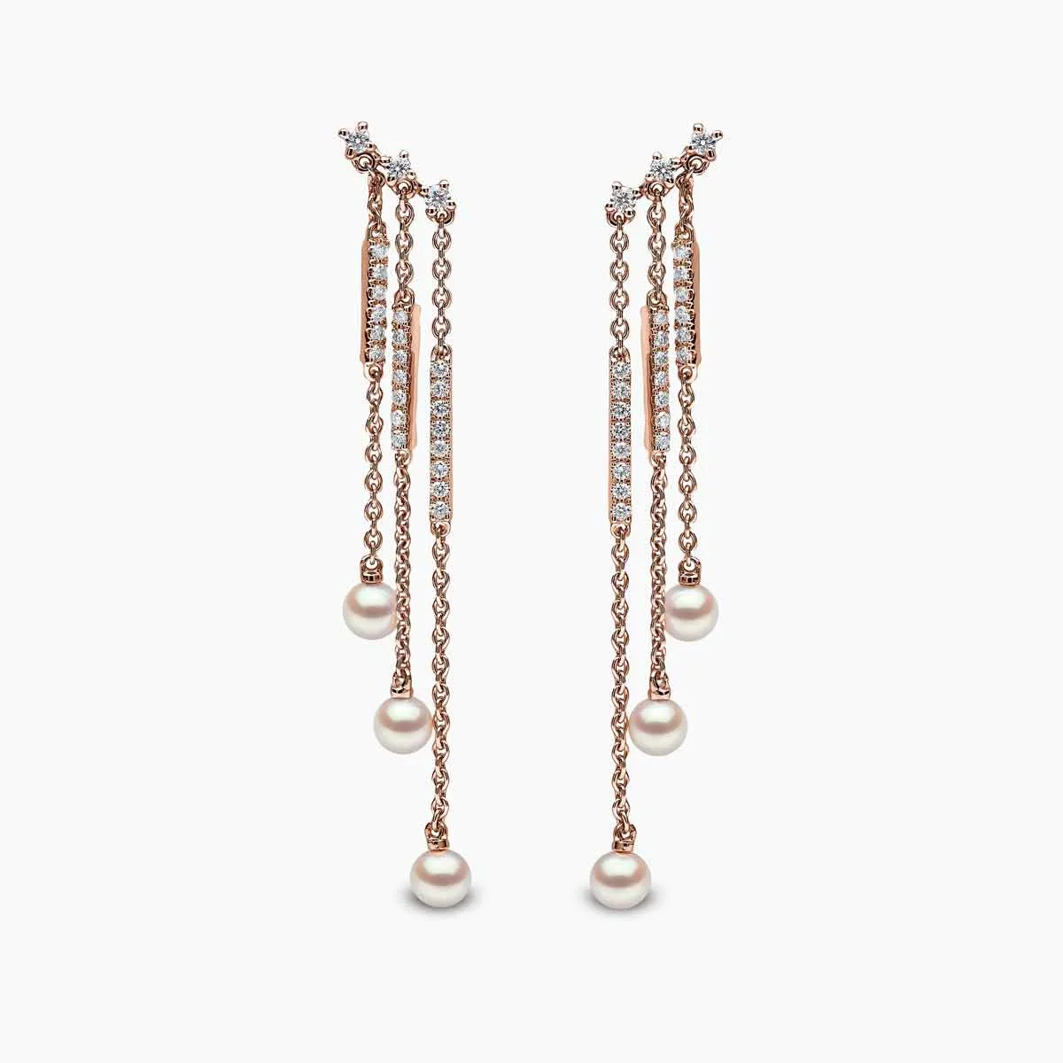 Sleek 18K Gold Pearl and Diamond Triple Chain Drop Earrings