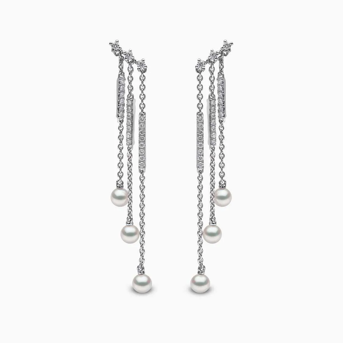 Sleek 18K Gold Pearl and Diamond Triple Chain Drop Earrings