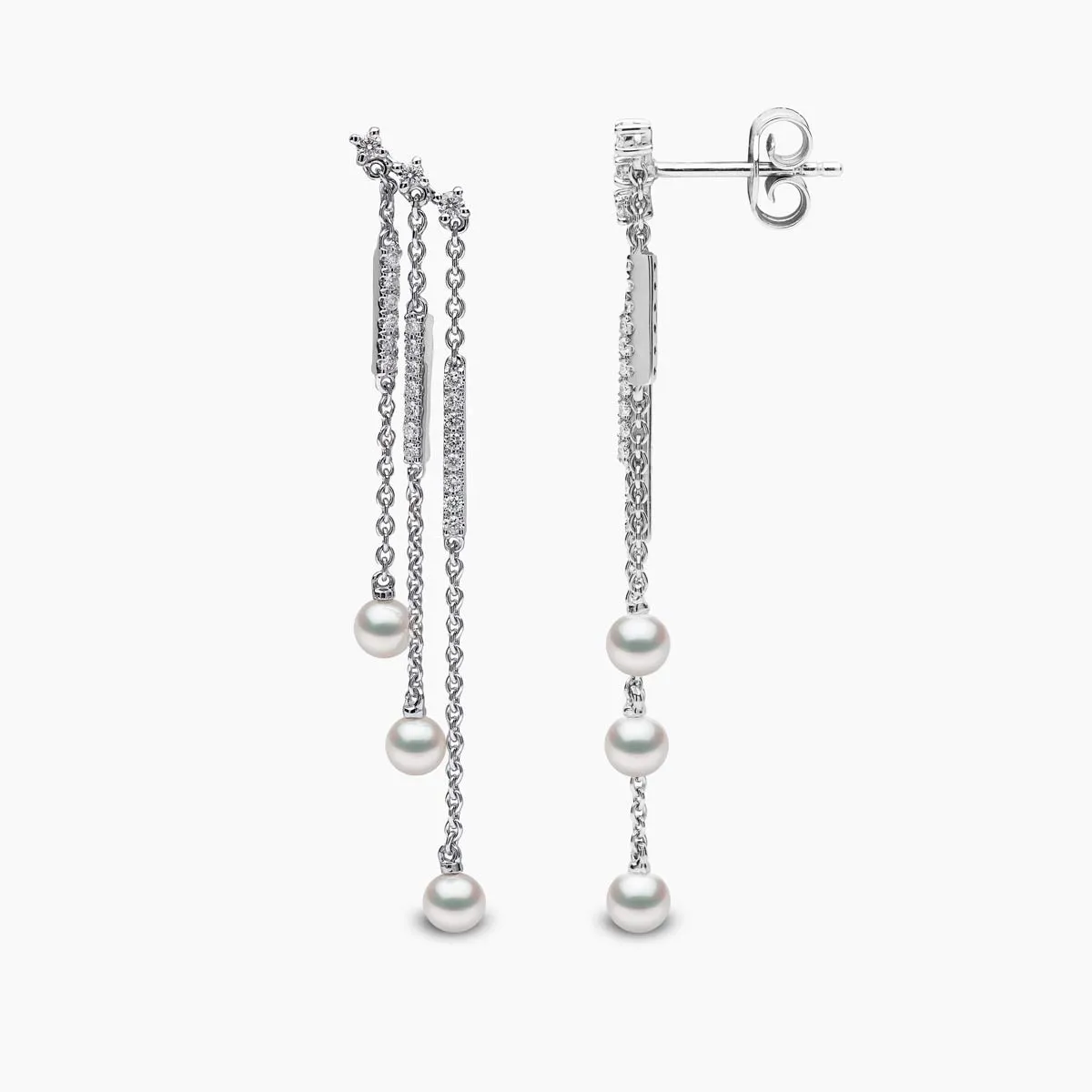 Sleek 18K Gold Pearl and Diamond Triple Chain Drop Earrings