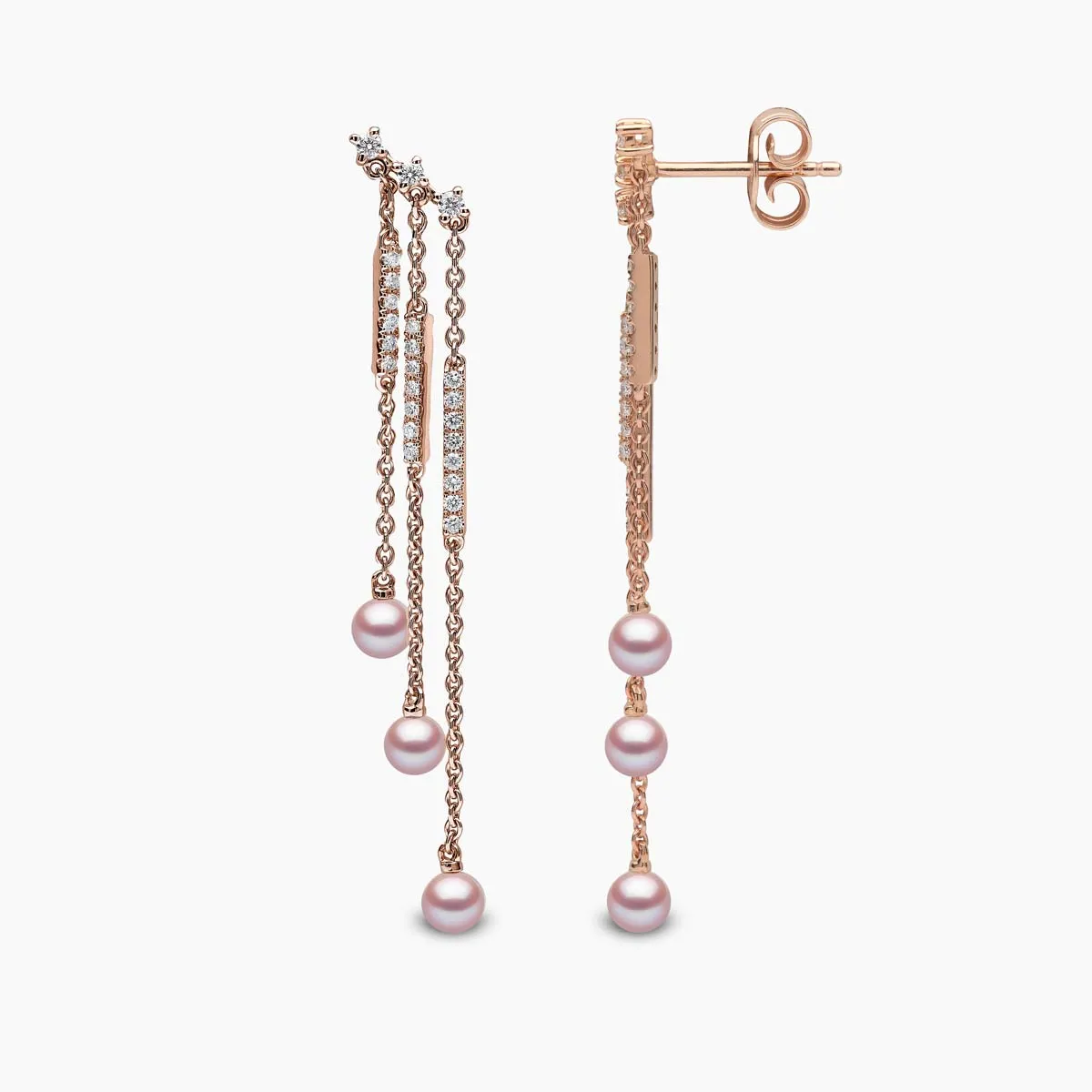 Sleek 18K Gold Pearl and Diamond Triple Chain Drop Earrings